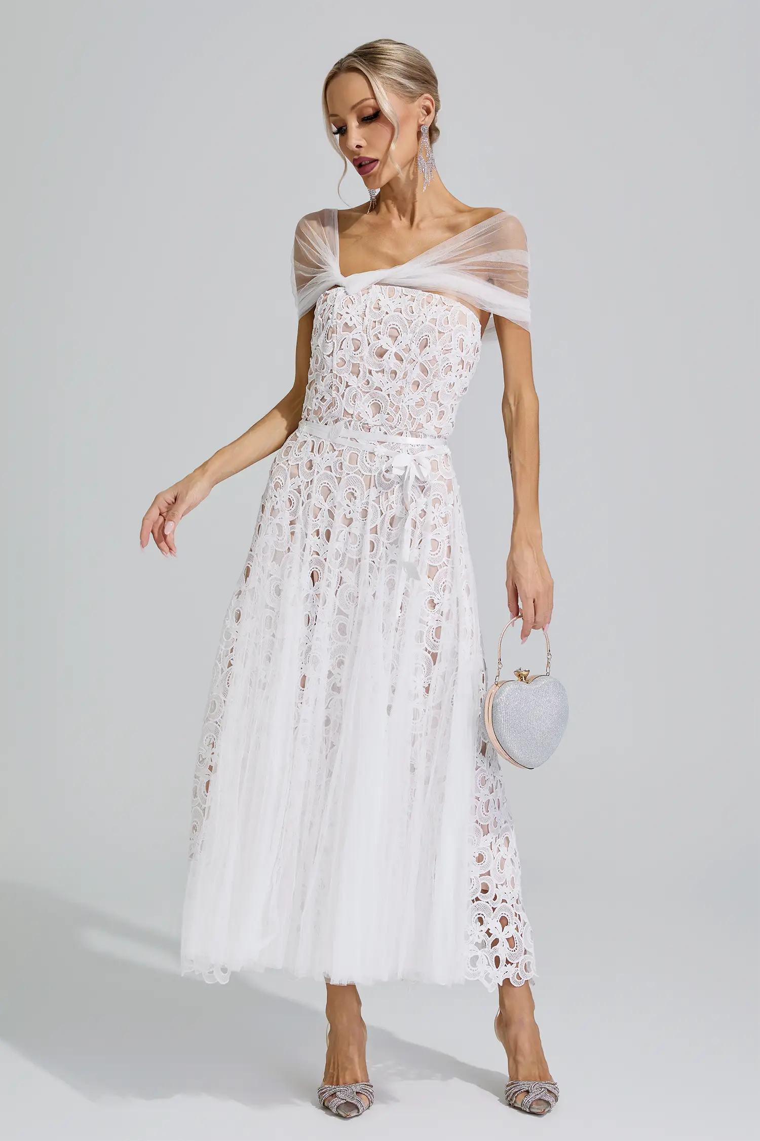 Bastet White Lace Mesh Fairy Midi Dress