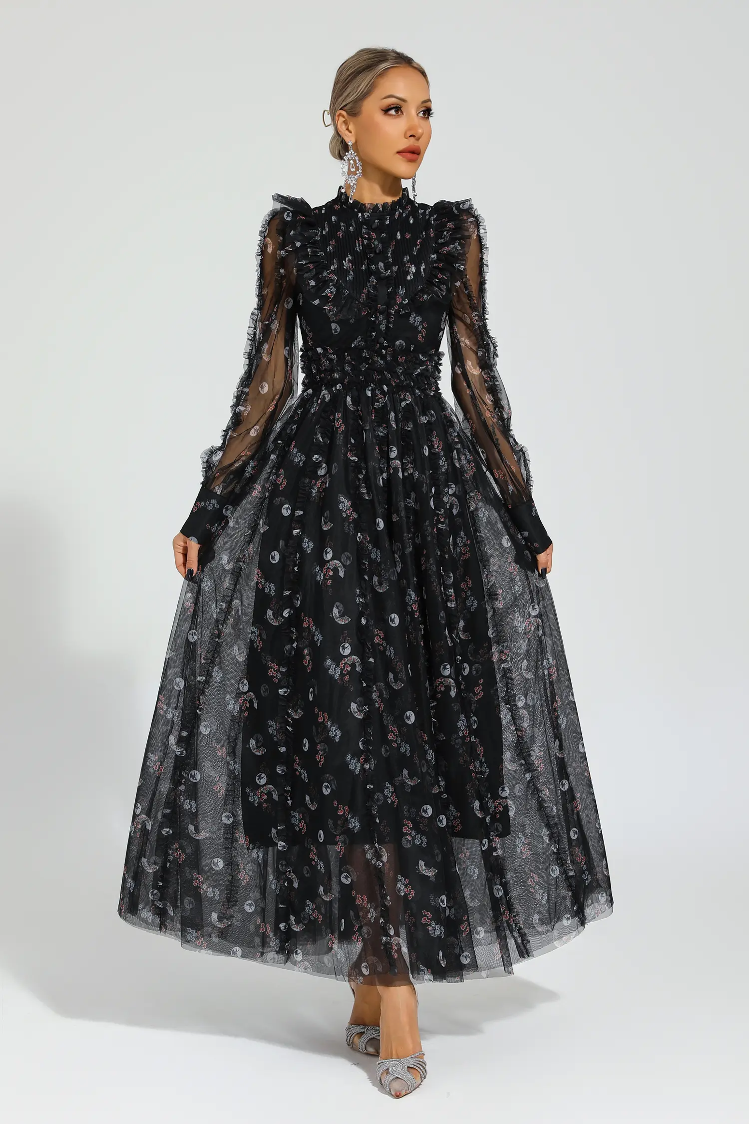 Beryl Black Floral Long Sleeve Dress-CATCHALL