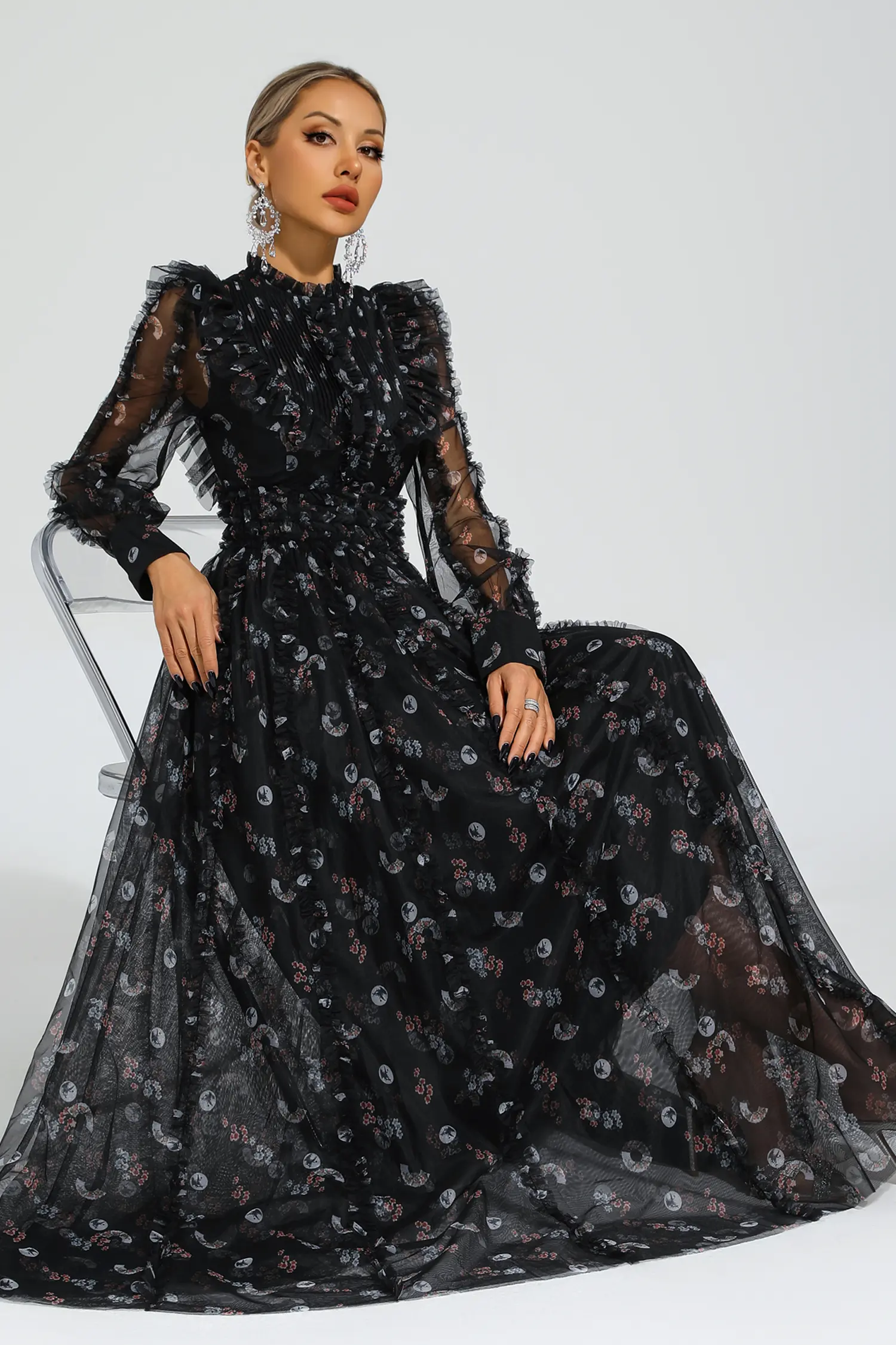 Beryl Black Floral Long Sleeve Dress-CATCHALL