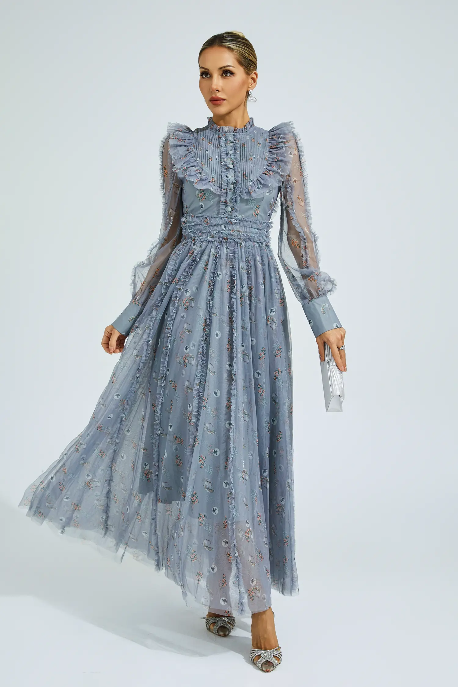 Beryl Grey Floral Long Sleeve Dress-CATCHALL