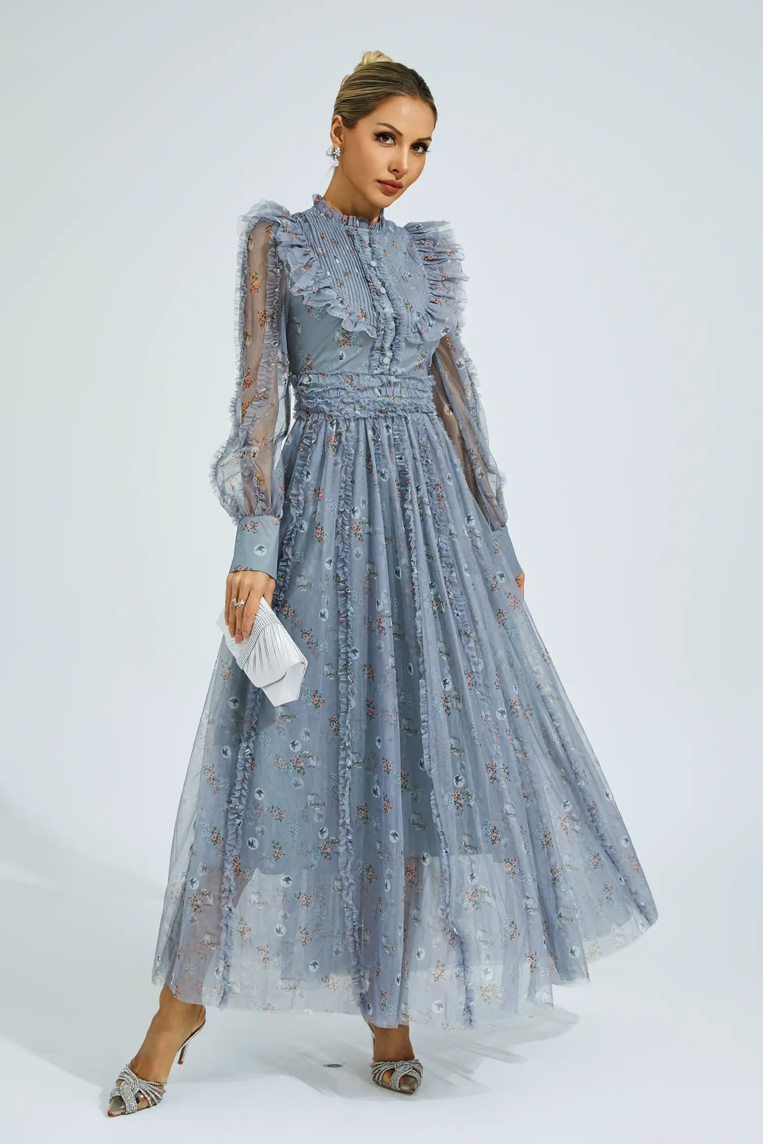 Beryl Grey Floral Long Sleeve Dress-CATCHALL