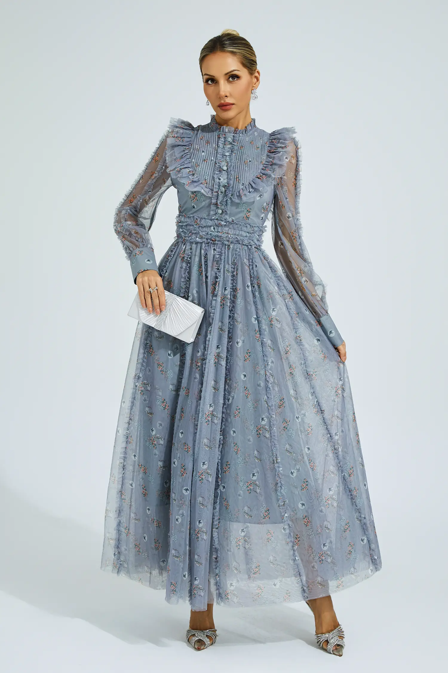 Beryl Grey Floral Long Sleeve Dress-CATCHALL