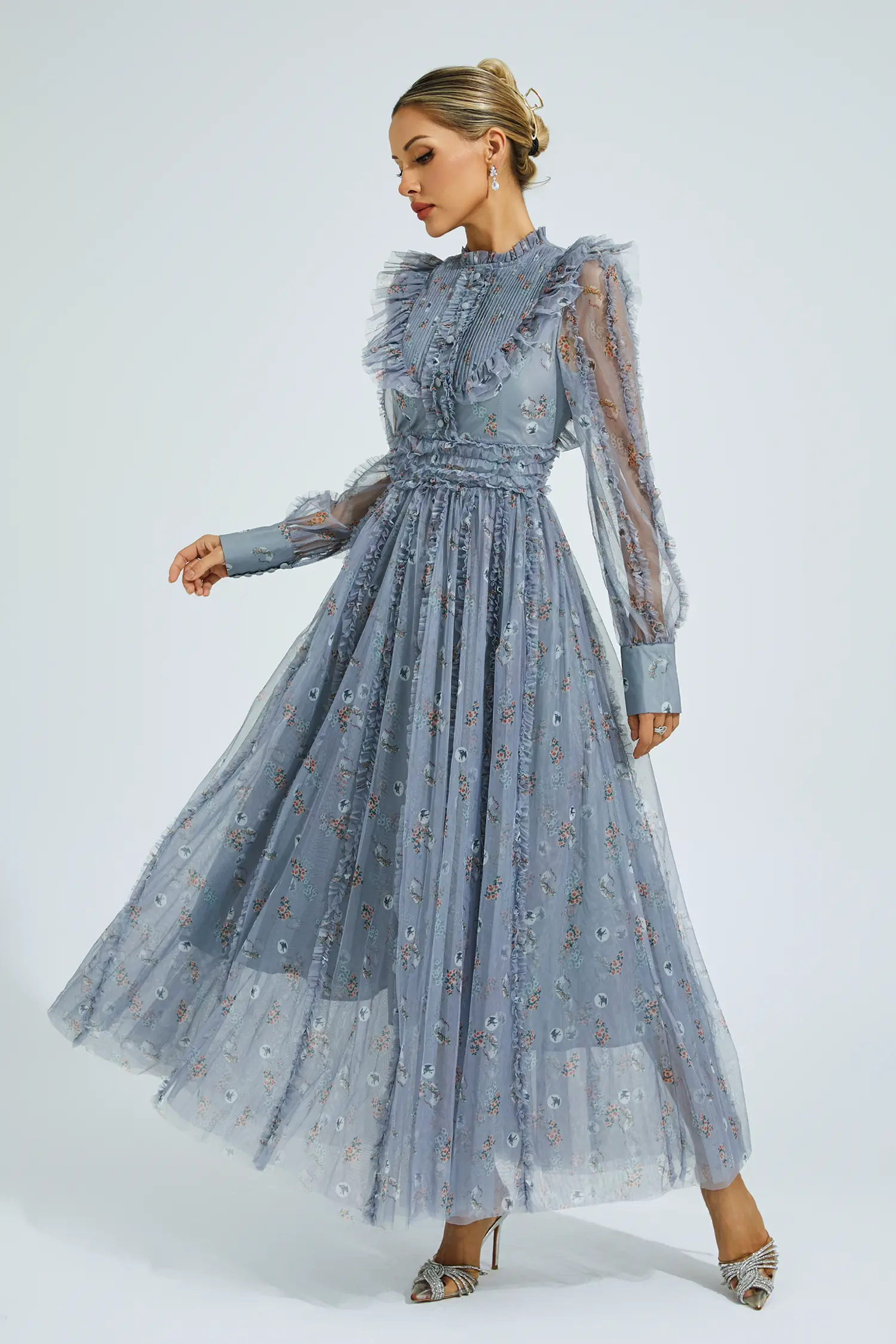 Beryl Grey Floral Long Sleeve Dress-CATCHALL