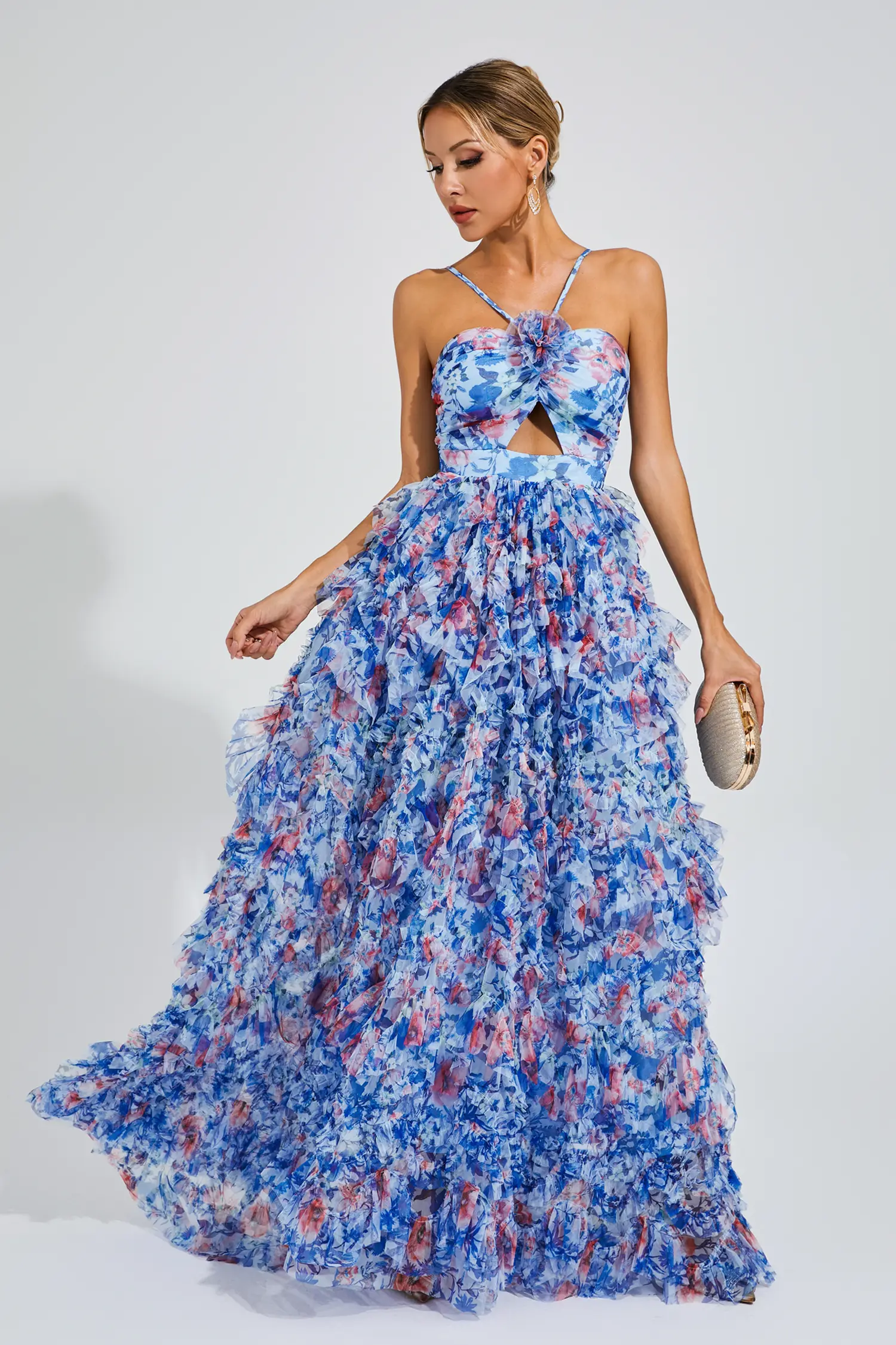 Bess Blue Ruched Floral Halter Dress-CATCHALL