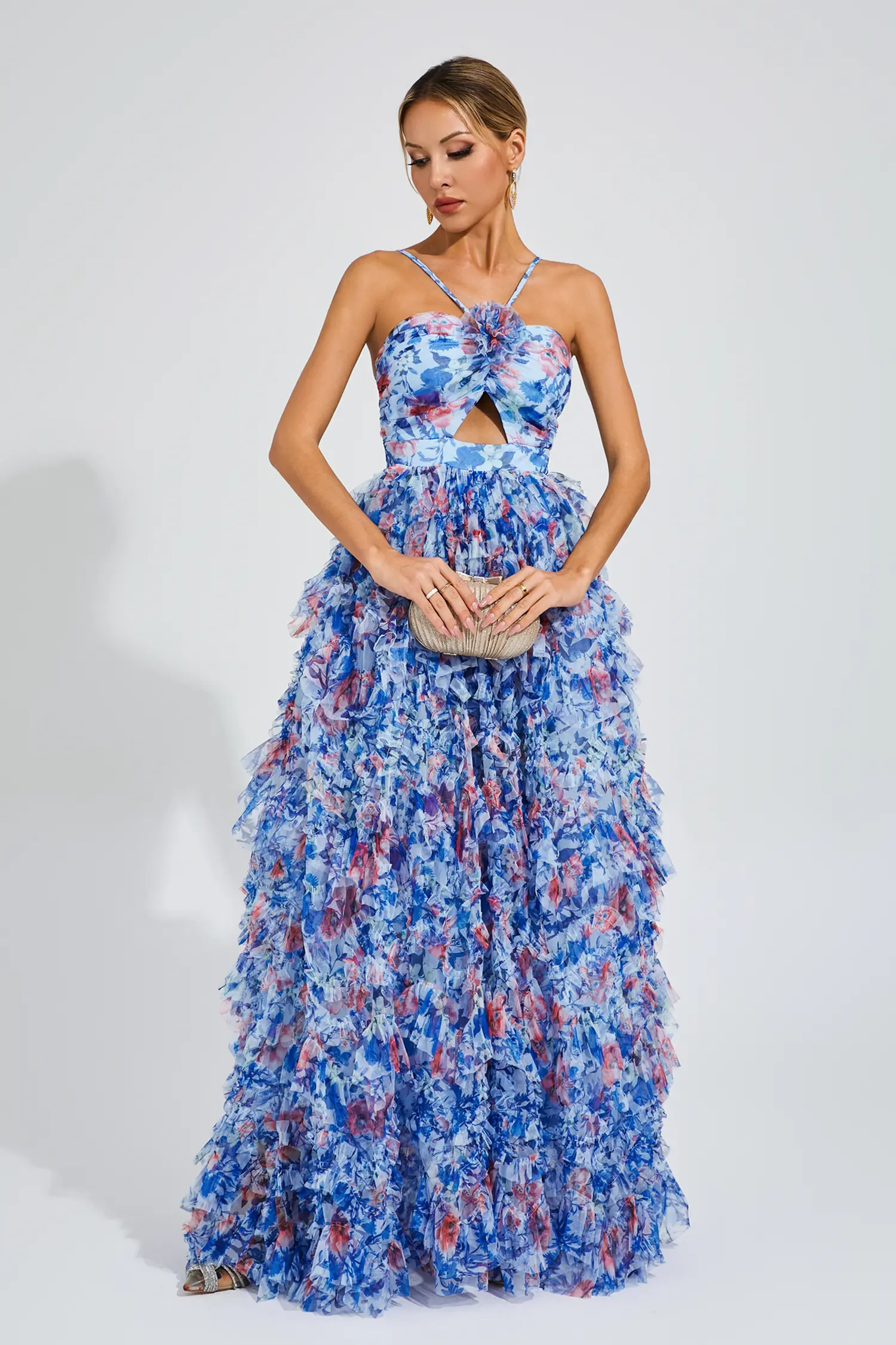 Bess Blue Ruched Floral Halter Dress-CATCHALL