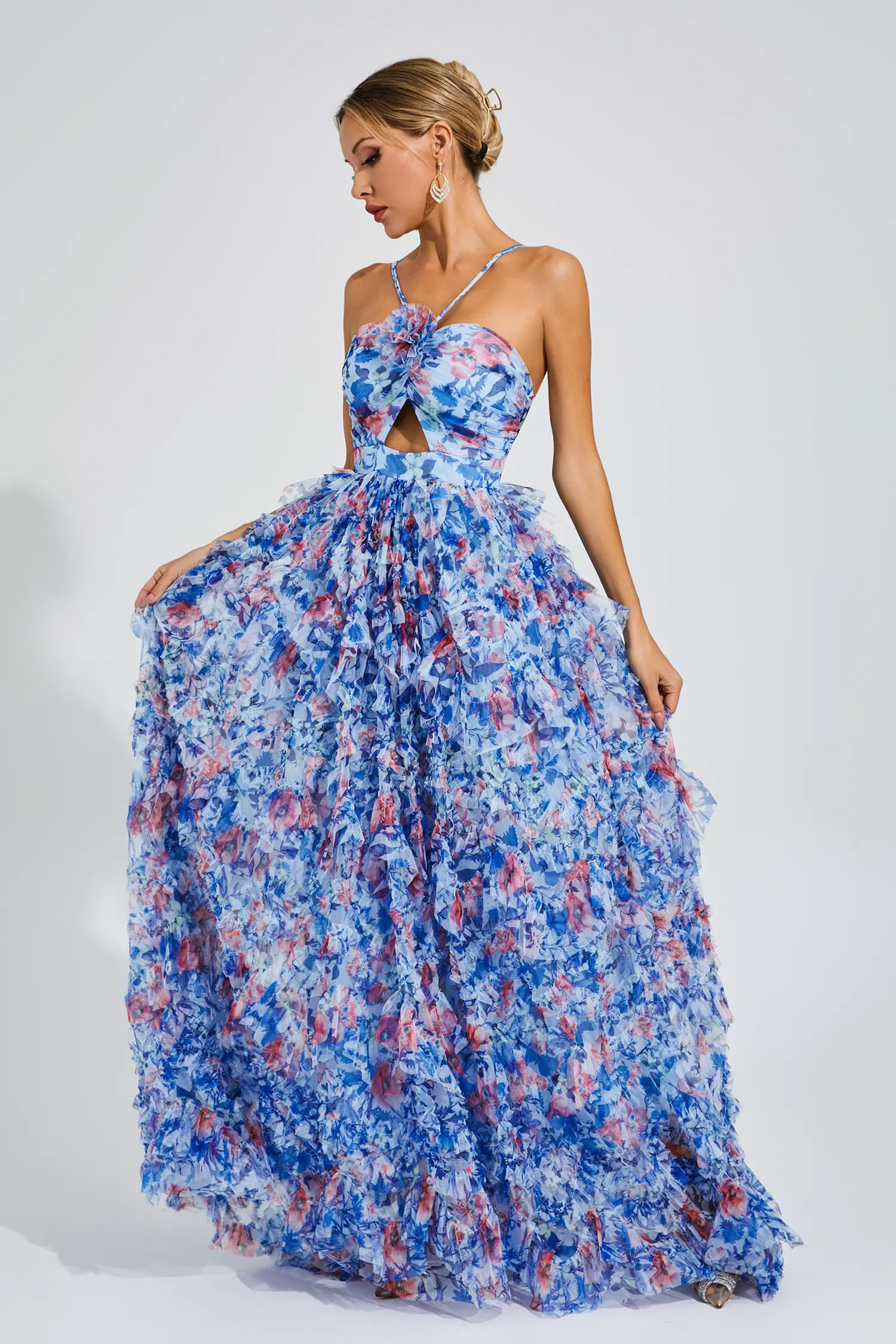 Bess Blue Ruched Floral Halter Dress-CATCHALL