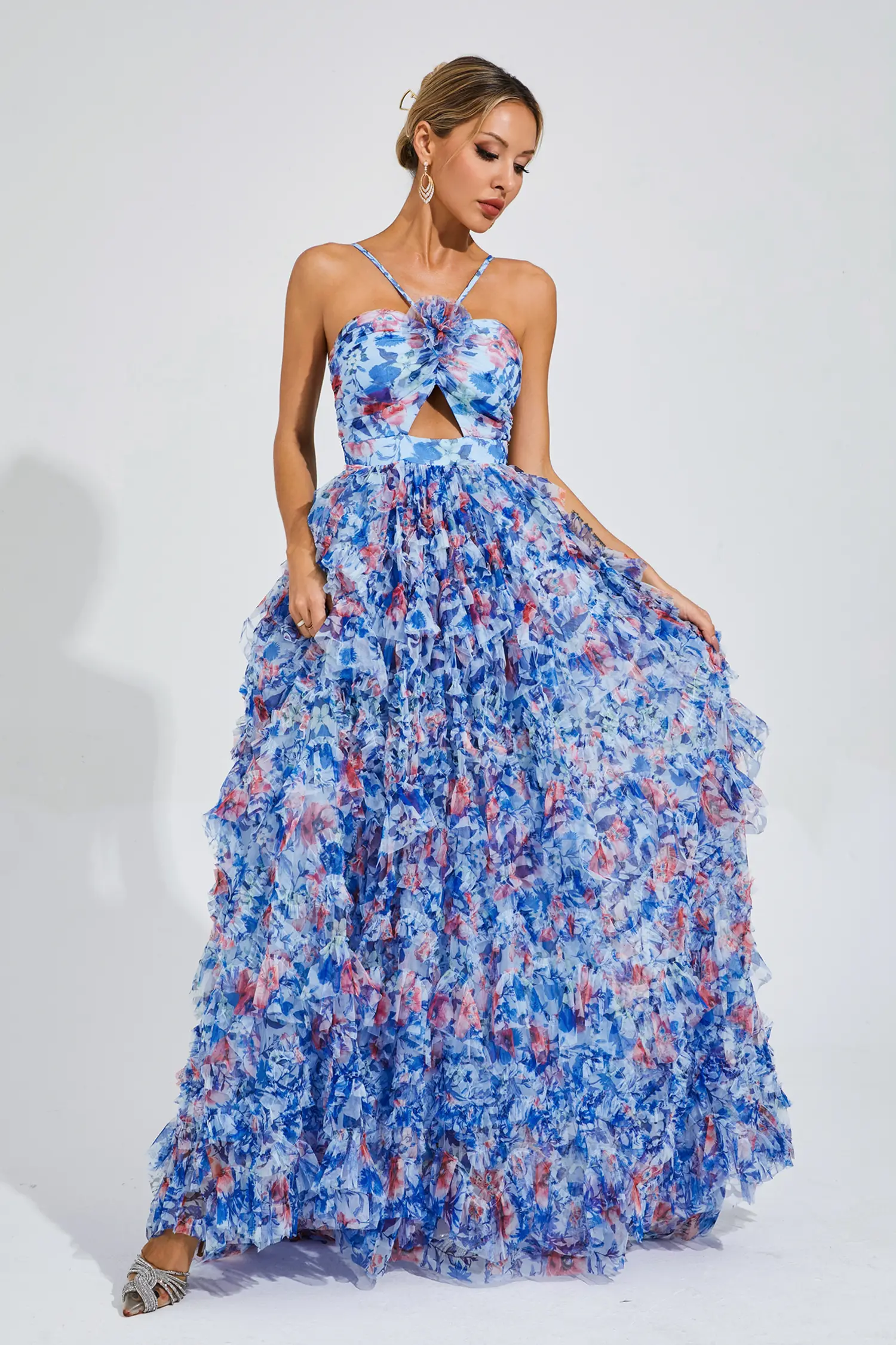 Bess Blue Ruched Floral Halter Dress-CATCHALL