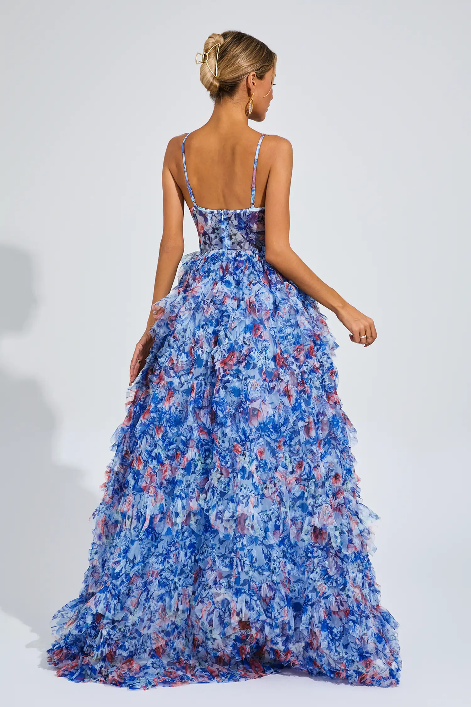 Bess Blue Ruched Floral Halter Dress-CATCHALL