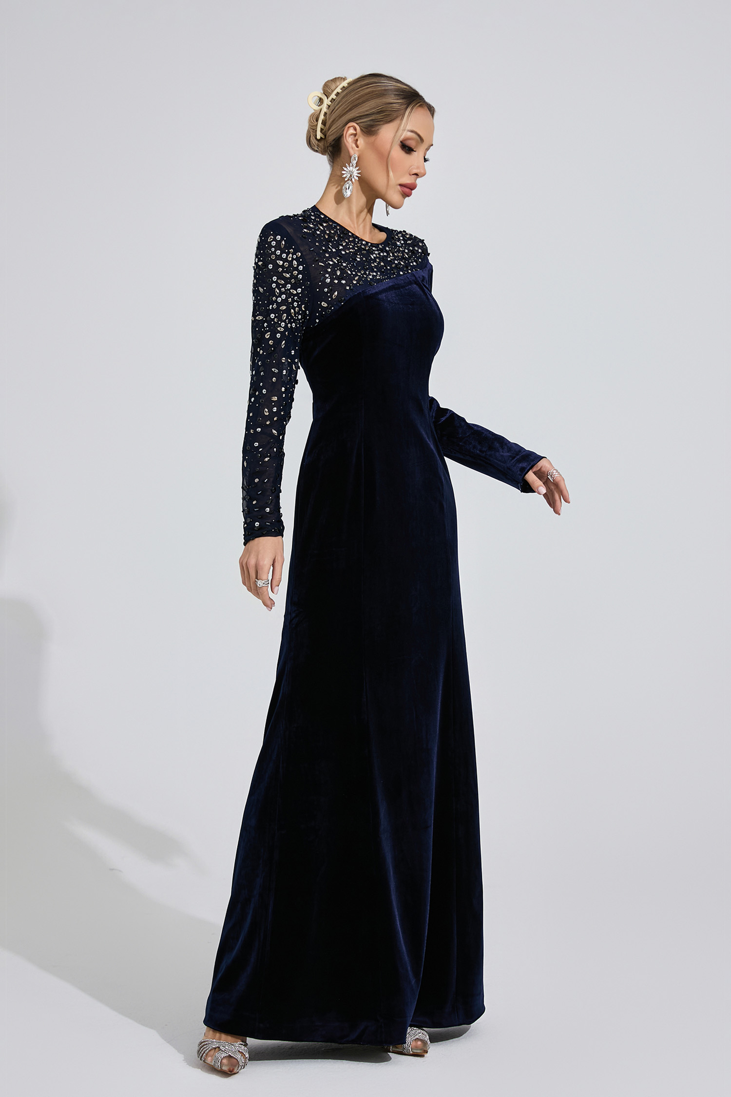 Betrys Navy Blue Velvet Maxi Dress