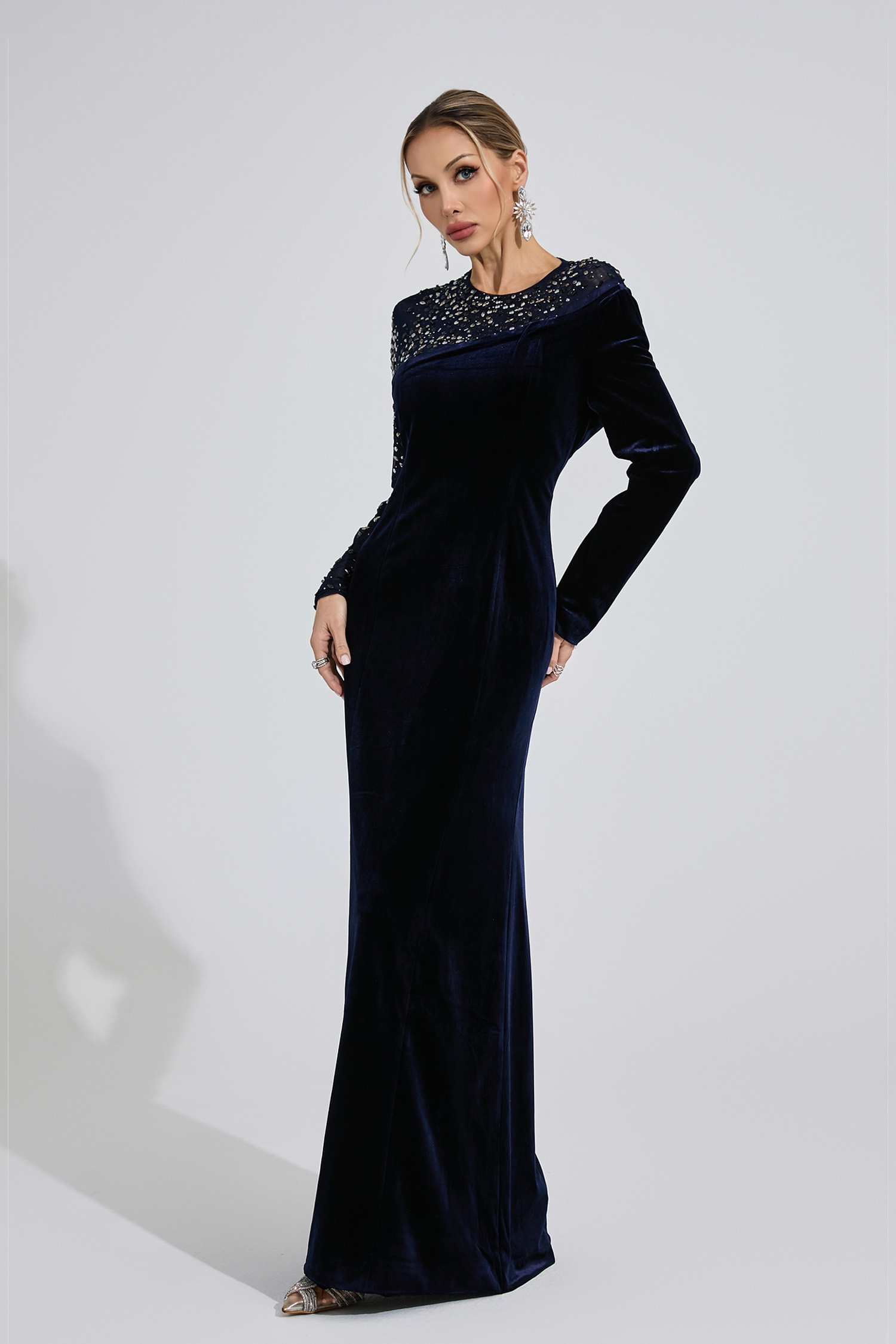 Betrys Navy Blue Velvet Maxi Dress