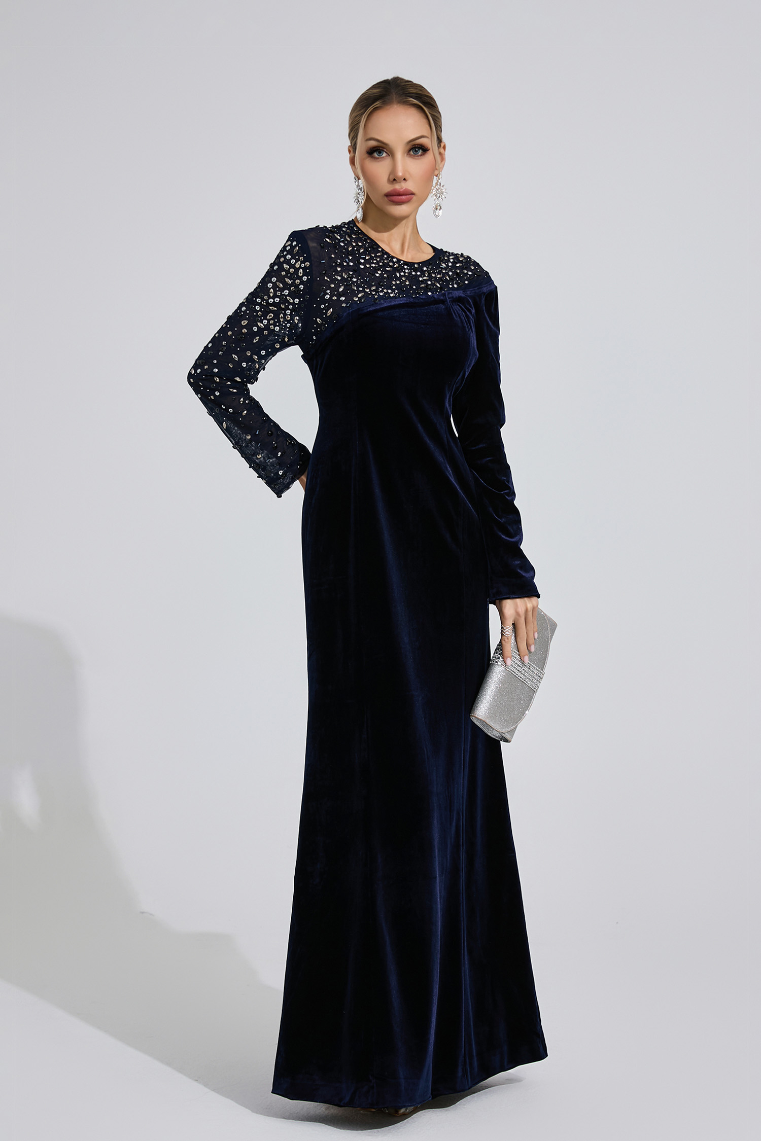 Betrys Navy Blue Velvet Maxi Dress