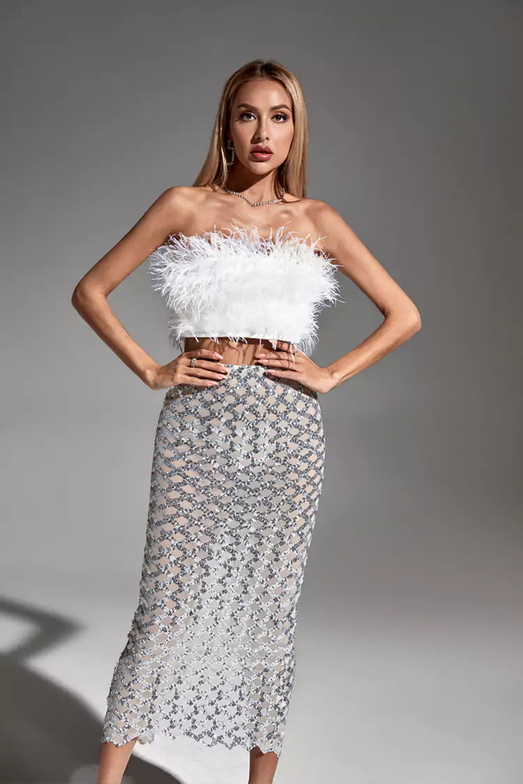 Blake White Feather Sequin Bandage Set-CATCHALL