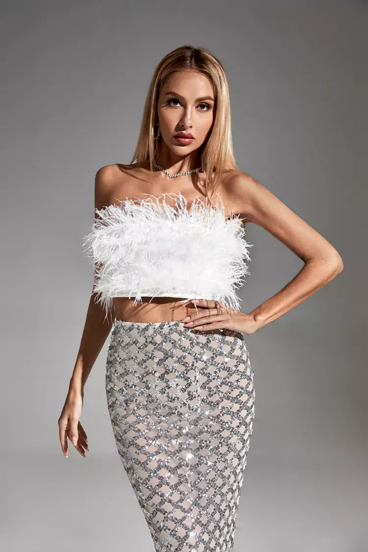 Blake White Feather Sequin Bandage Set-CATCHALL
