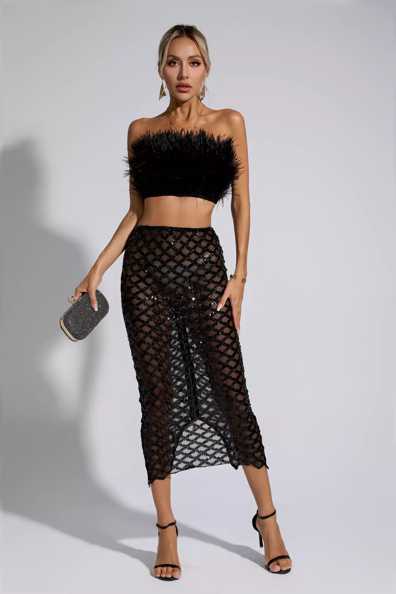 Blake Black Feather Sequin Bandage Set-CATCHALL