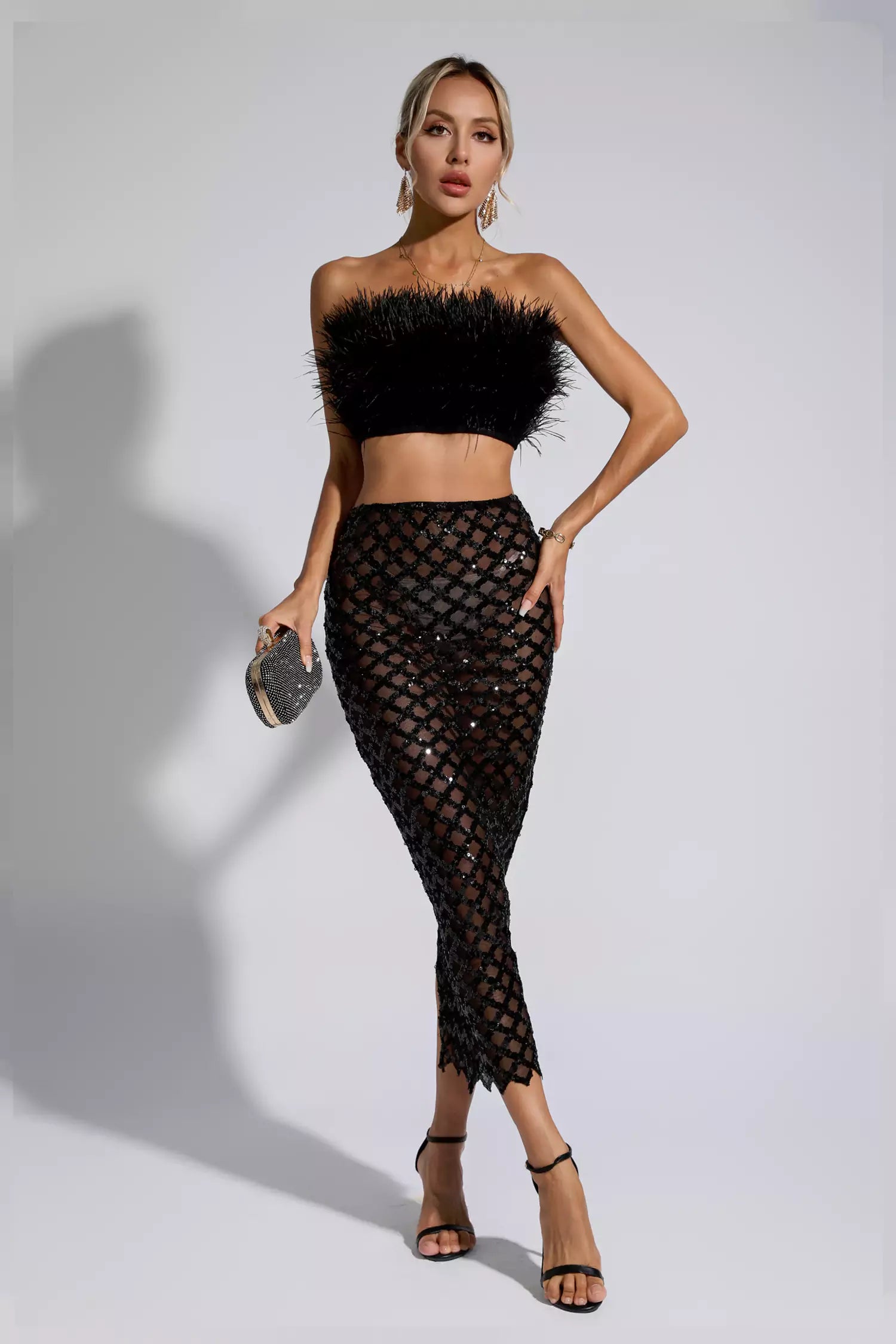 Blake Black Feather Sequin Bandage Set-CATCHALL