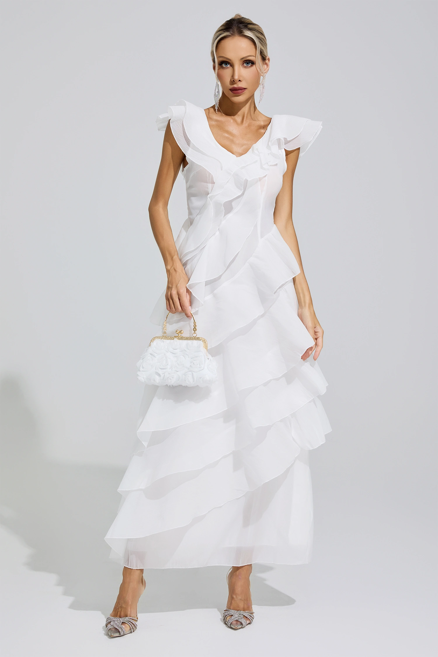 Boole White Ruffle Trim Midi Dress
