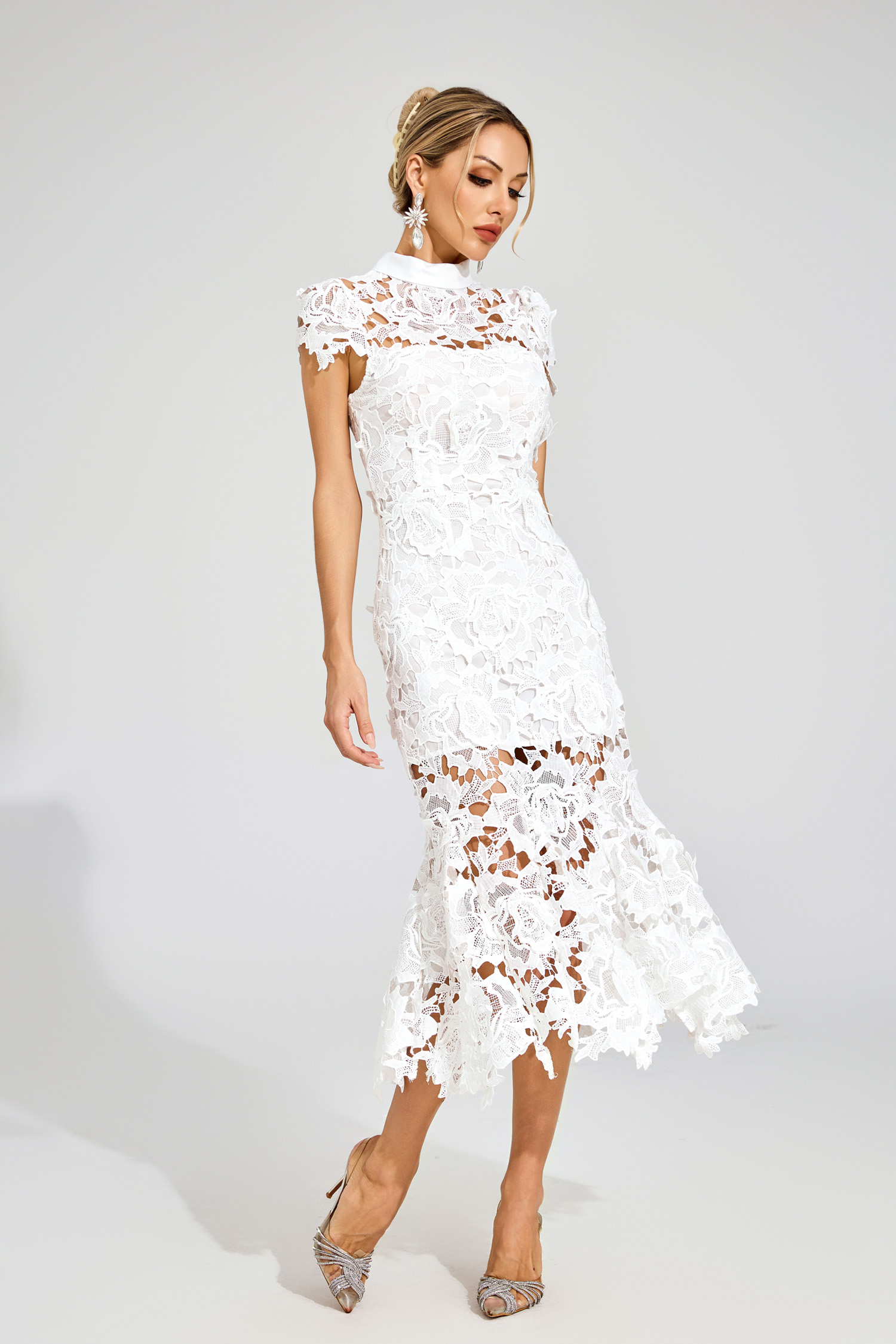 Borg White Fishtail Lace Cut Out Dress