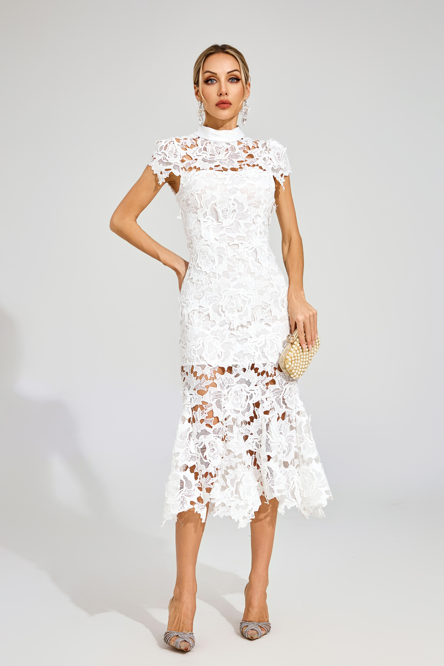 Borg White Fishtail Lace Cut Out Dress