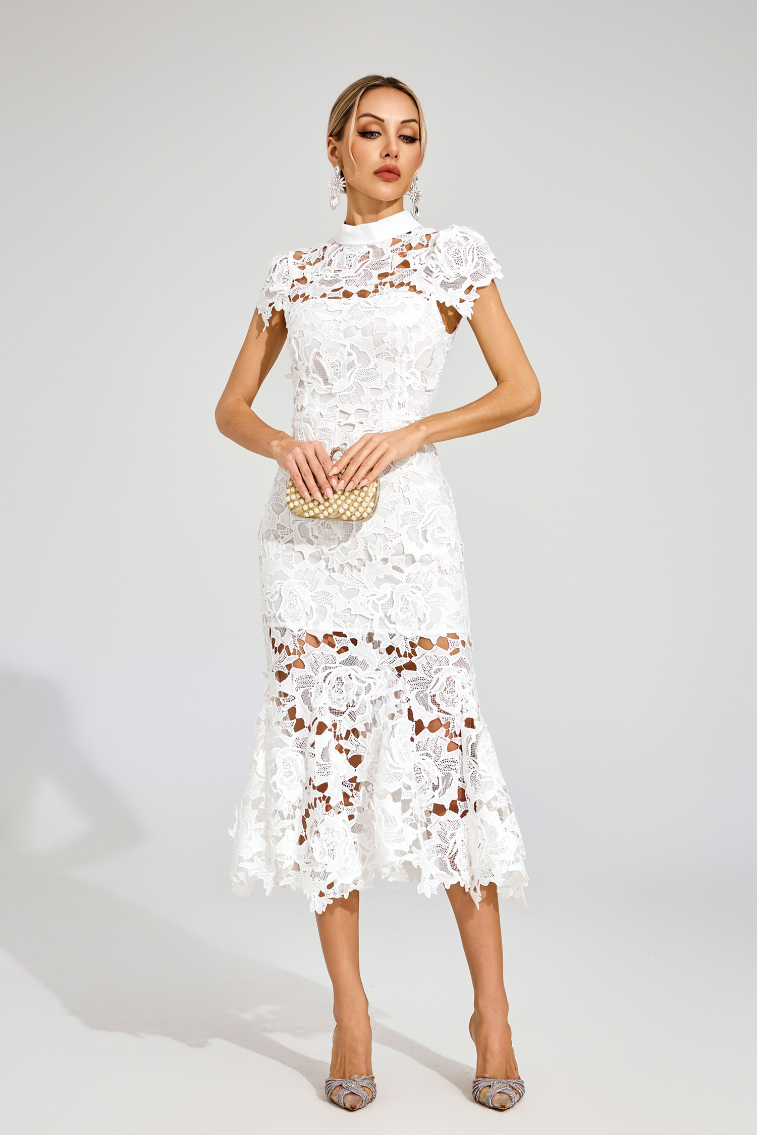 Borg White Fishtail Lace Cut Out Dress