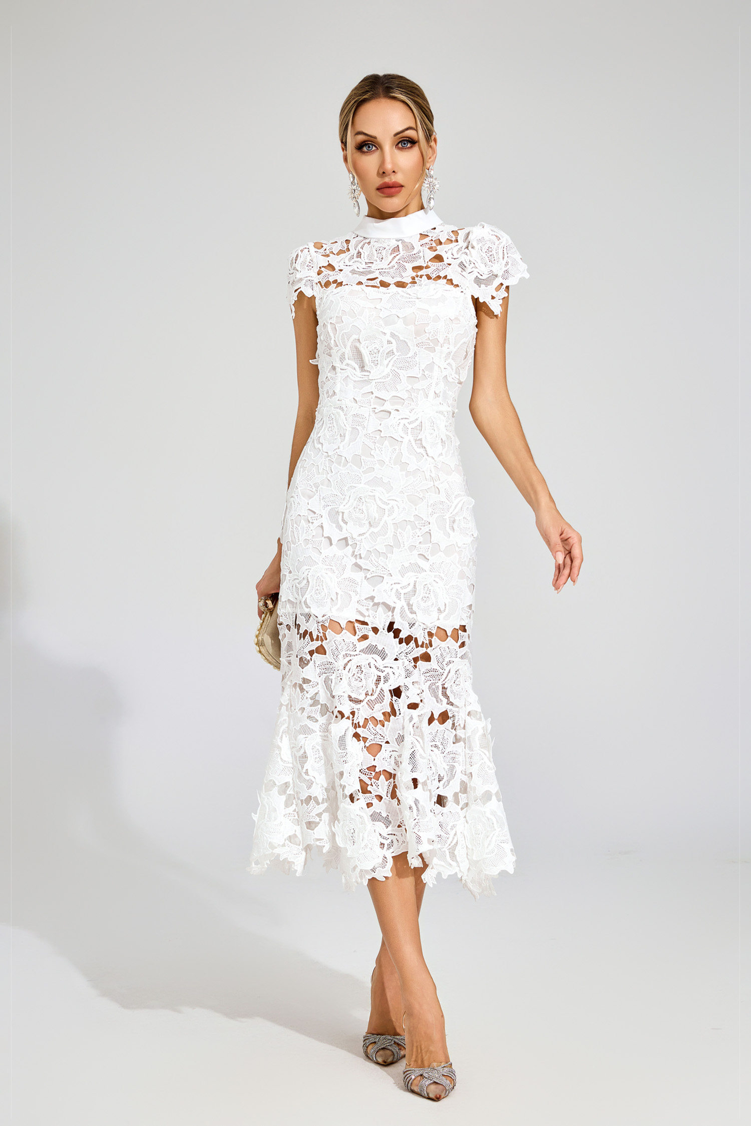 Borg White Fishtail Lace Cut Out Dress