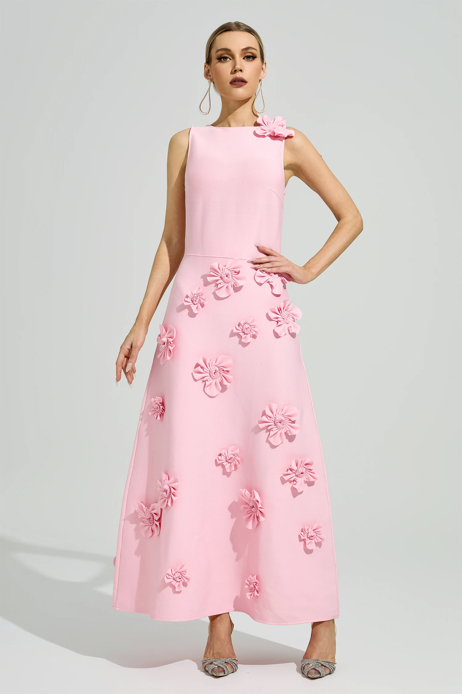 Borges Pink 3D Floral A-Line Dress