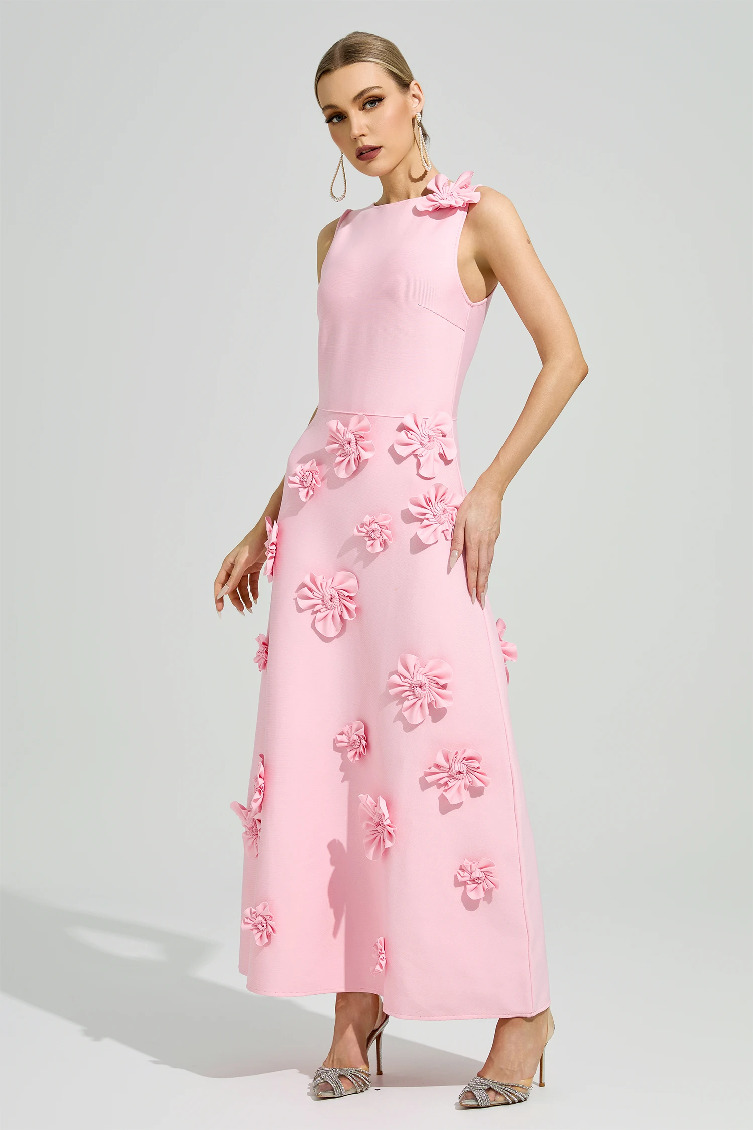 Borges Pink 3D Floral A-Line Dress
