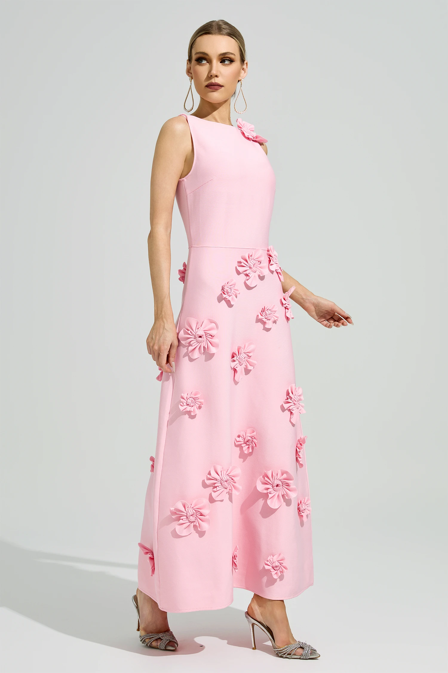 Borges Pink 3D Floral A-Line Dress