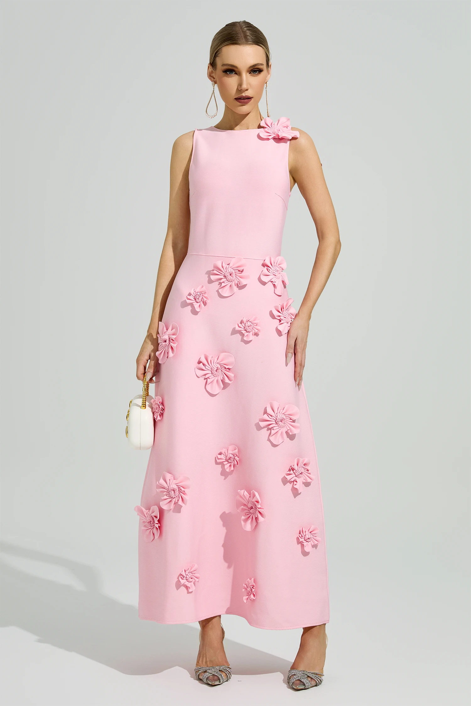 Borges Pink 3D Floral A-Line Dress