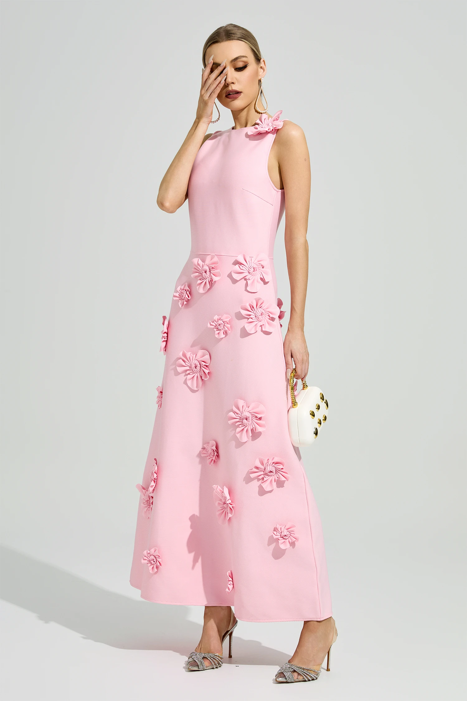 Borges Pink 3D Floral A-Line Dress