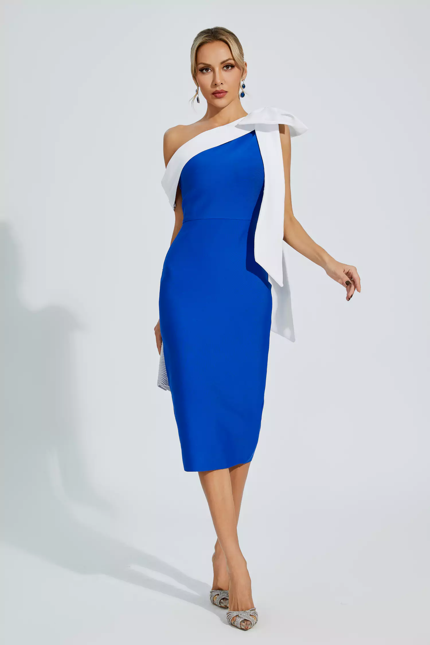 Braelyn Blue Bow One Shoulder Bandage Dress-CATCHALL