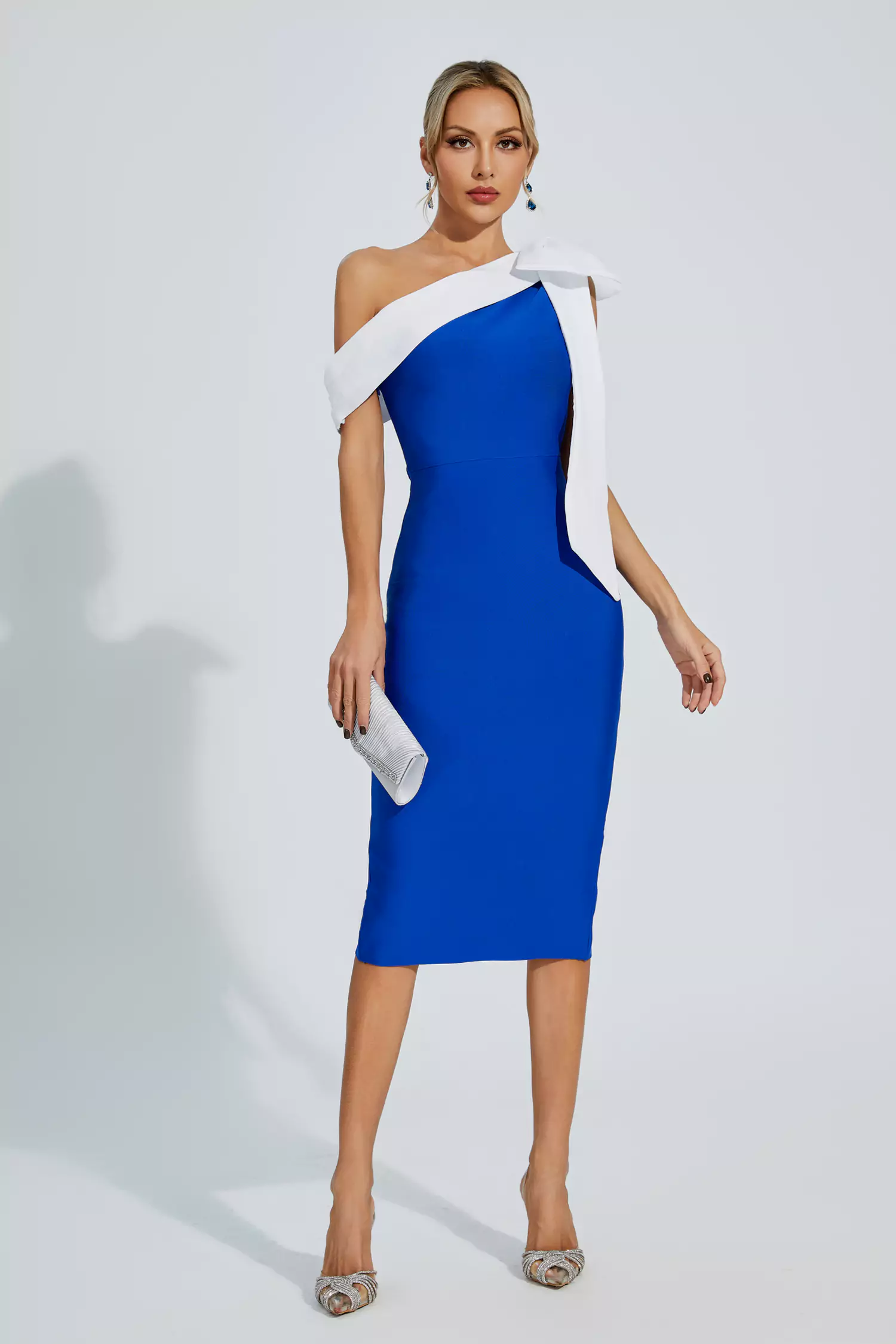 Braelyn Blue Bow One Shoulder Bandage Dress-CATCHALL