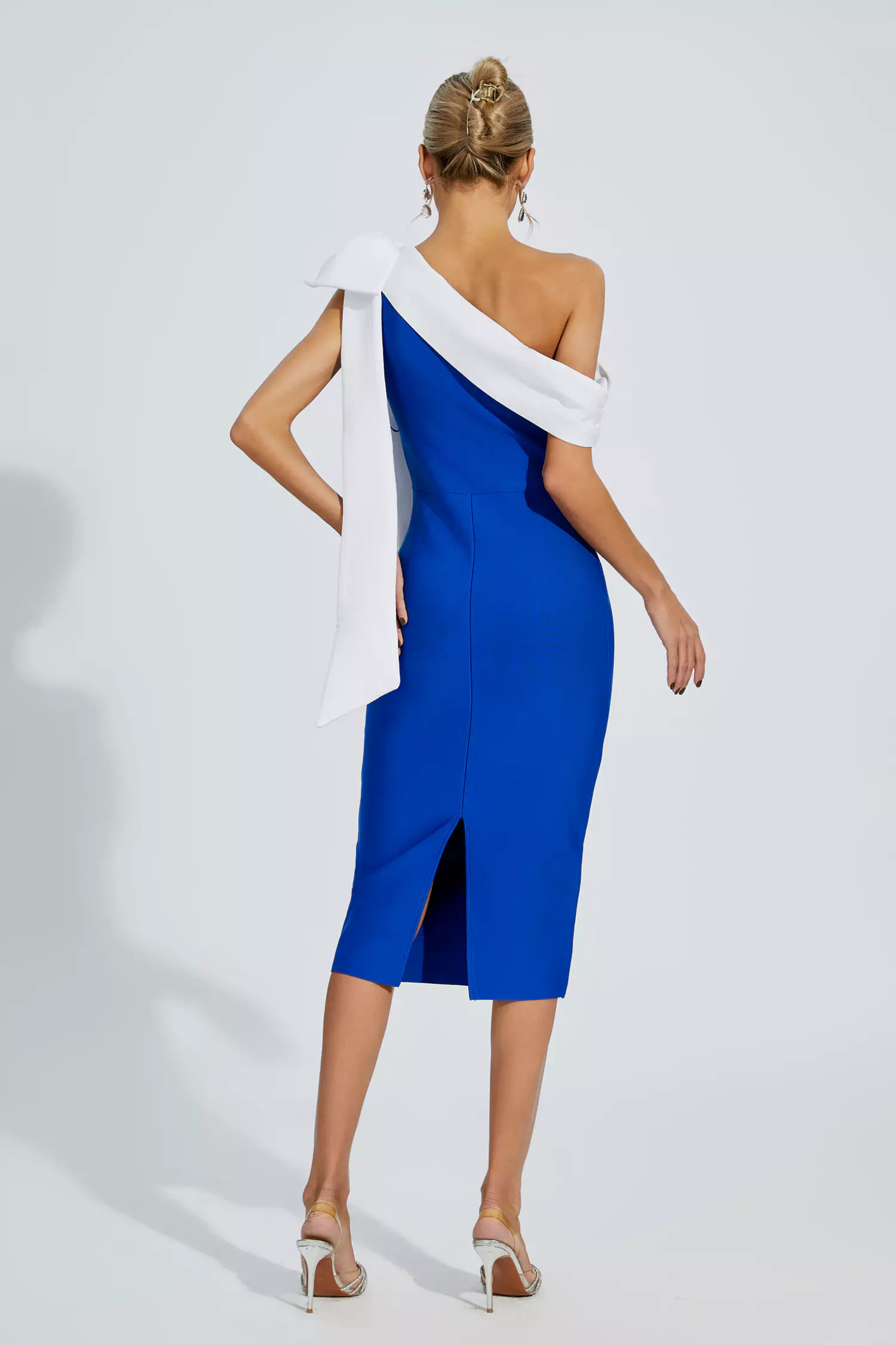 Braelyn Blue Bow One Shoulder Bandage Dress-CATCHALL