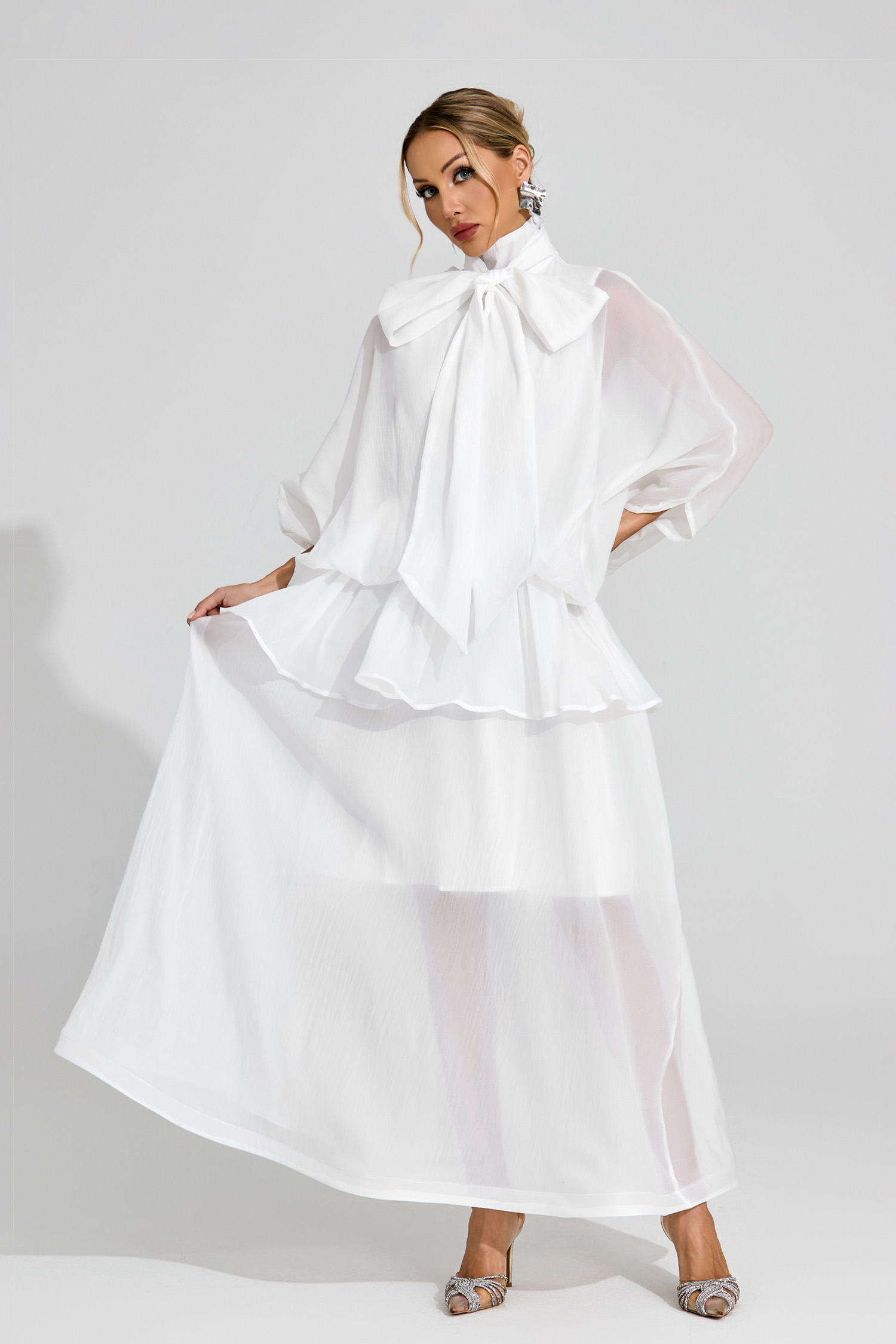Brewster White Sheer Bow Dress