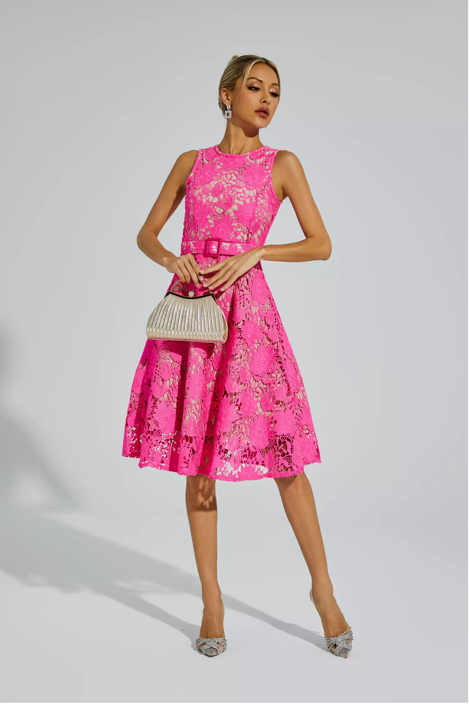 Brian Rose Red Lace Belted Midi Dress-CATCHALL