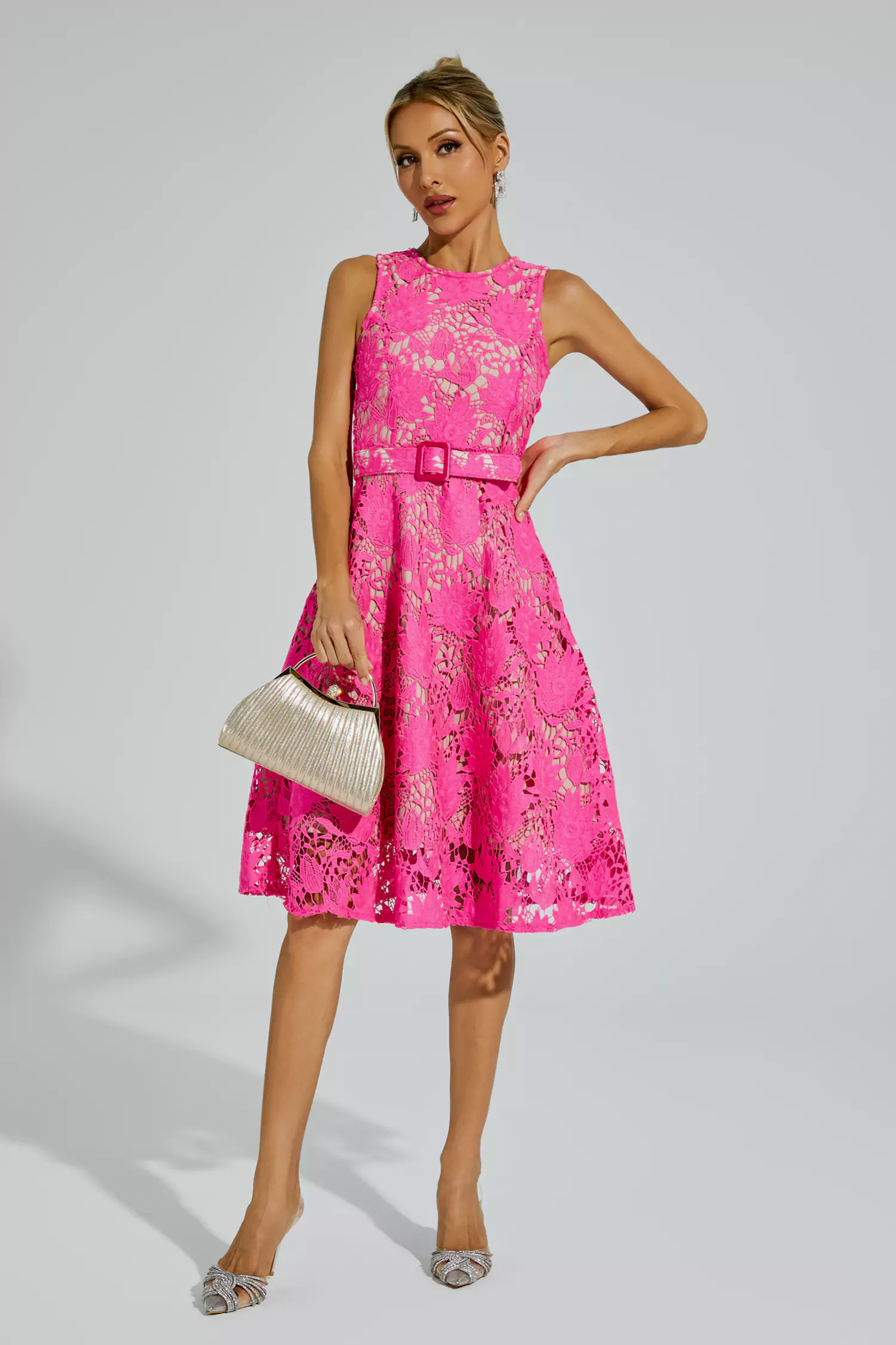 Brian Rose Red Lace Belted Midi Dress-CATCHALL