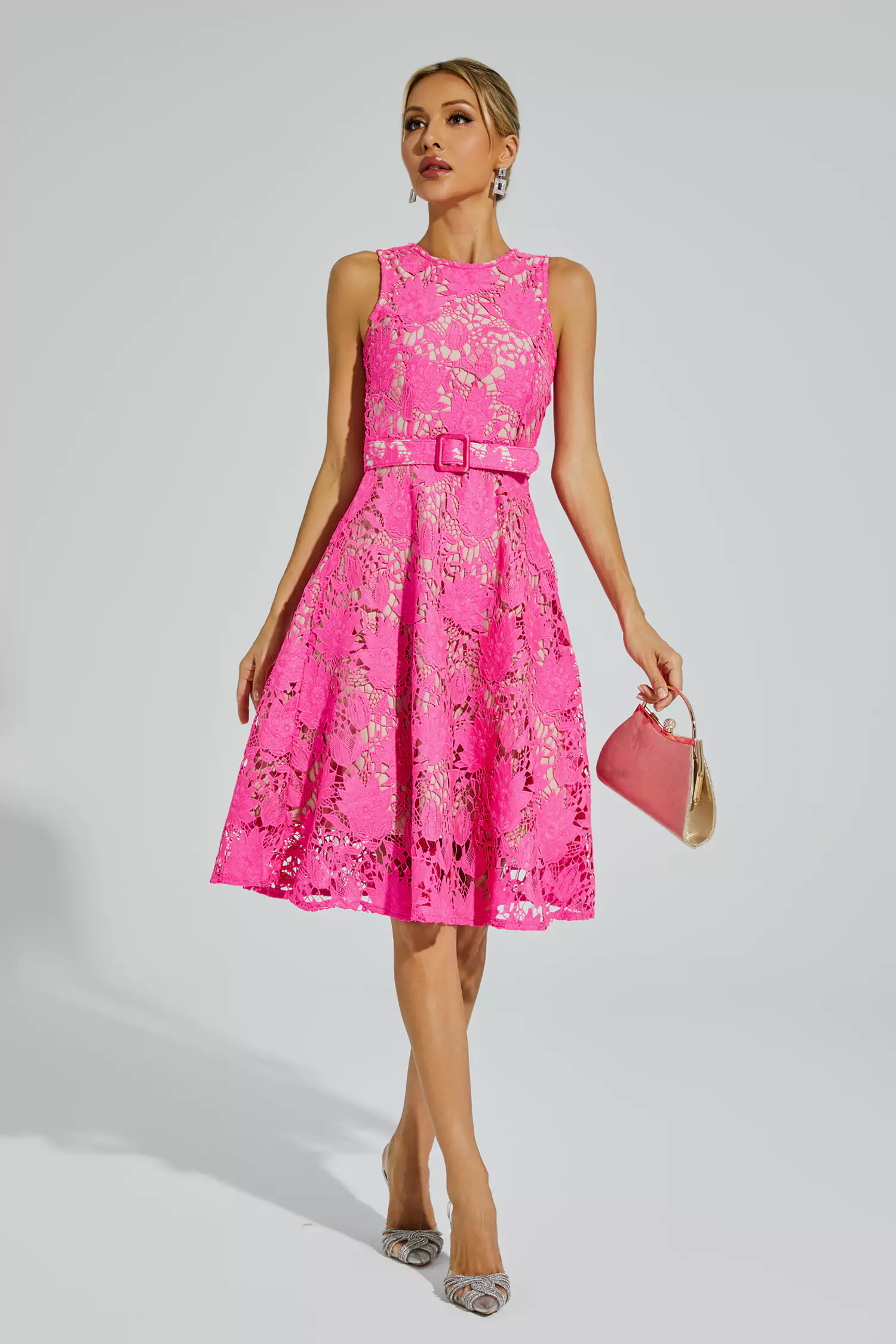 Brian Rose Red Lace Belted Midi Dress-CATCHALL