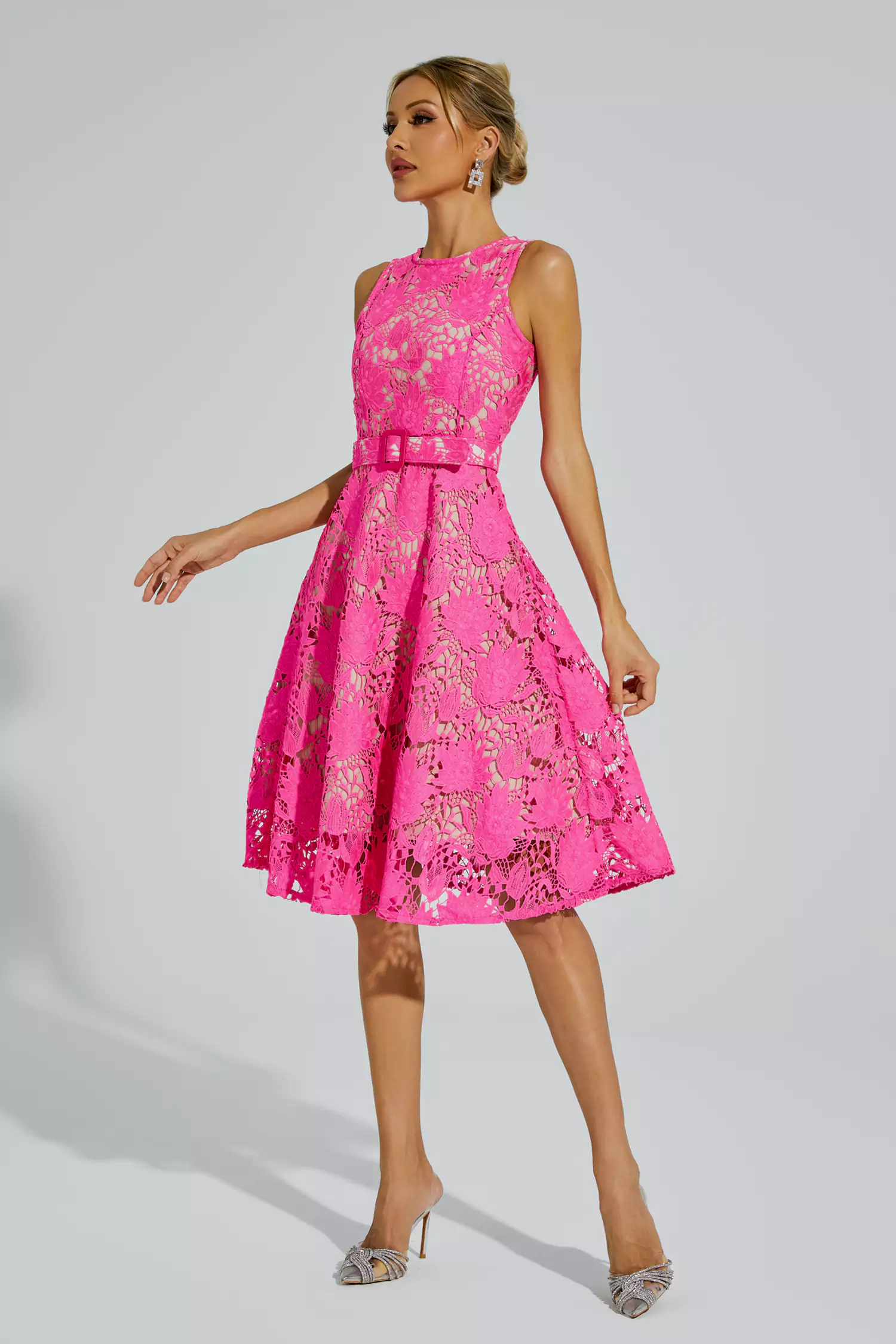 Brian Rose Red Lace Belted Midi Dress-CATCHALL