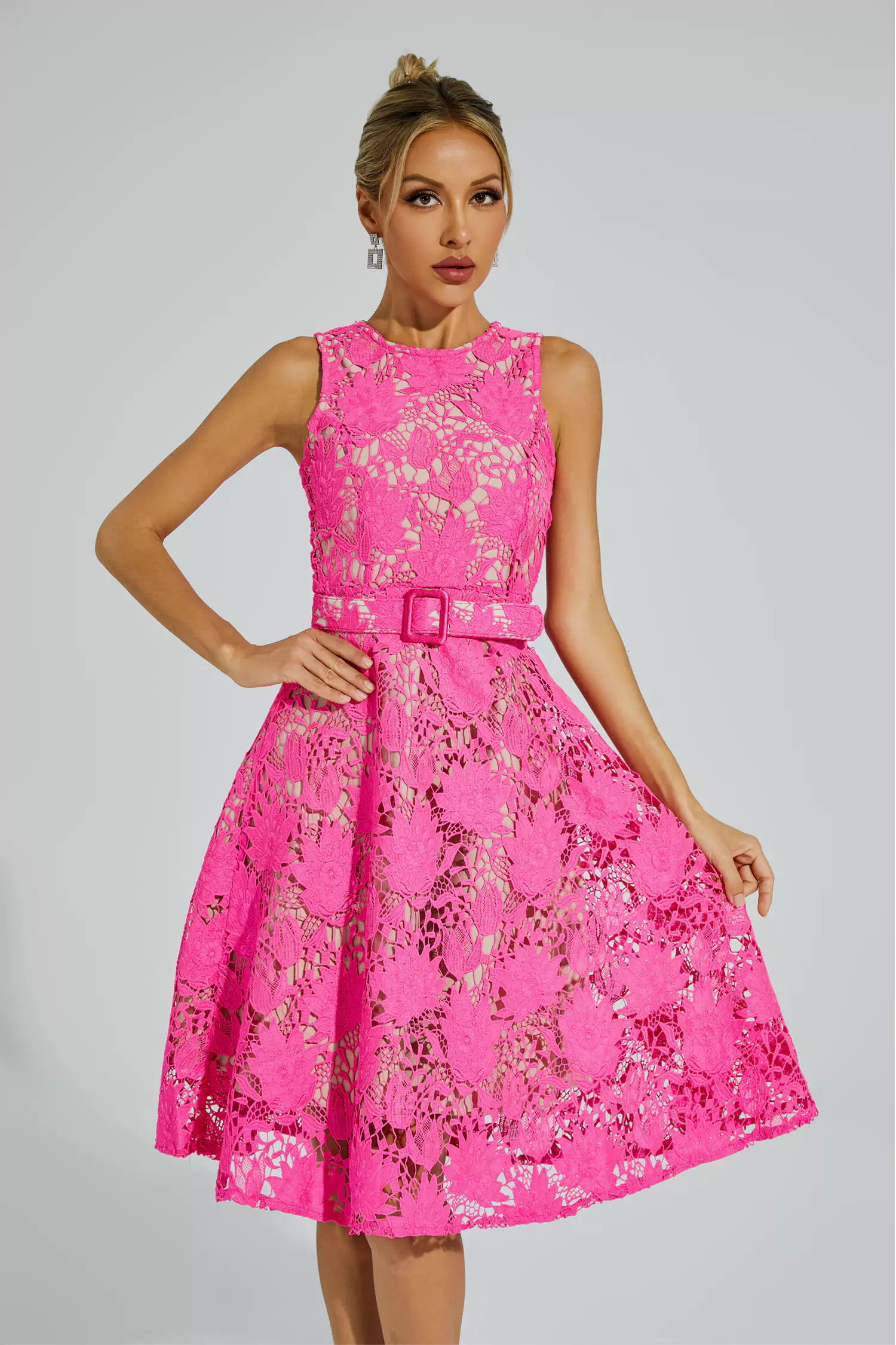 Brian Rose Red Lace Belted Midi Dress-CATCHALL