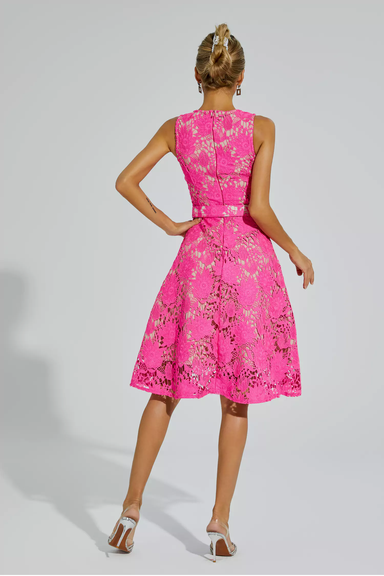 Brian Rose Red Lace Belted Midi Dress-CATCHALL