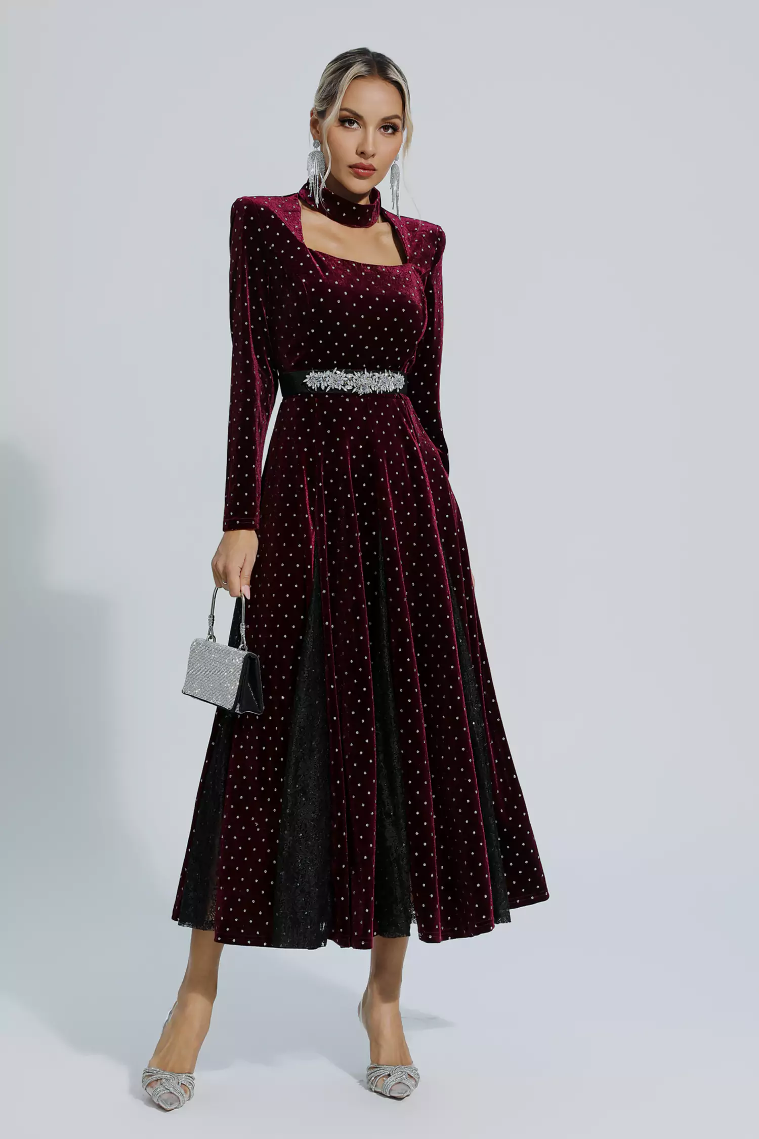 Briana Wine Red Polka Dot Long Sleeve Dress-CATCHALL