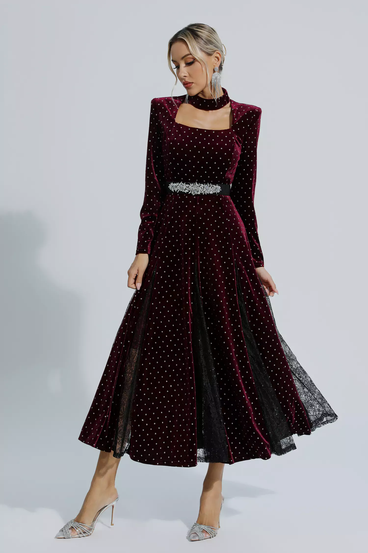 Briana Wine Red Polka Dot Long Sleeve Dress-CATCHALL