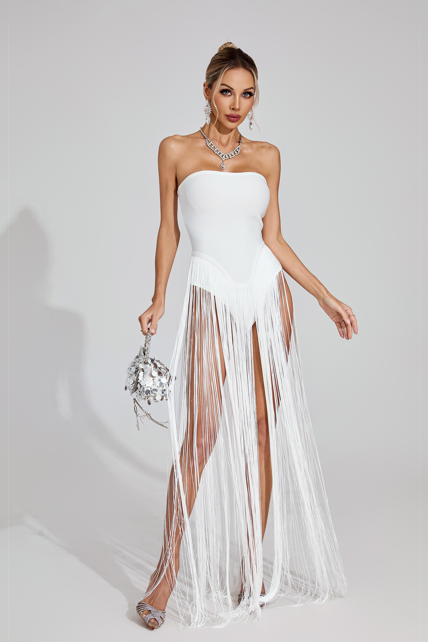 Briar White Fringe Strapless Maxi Dress