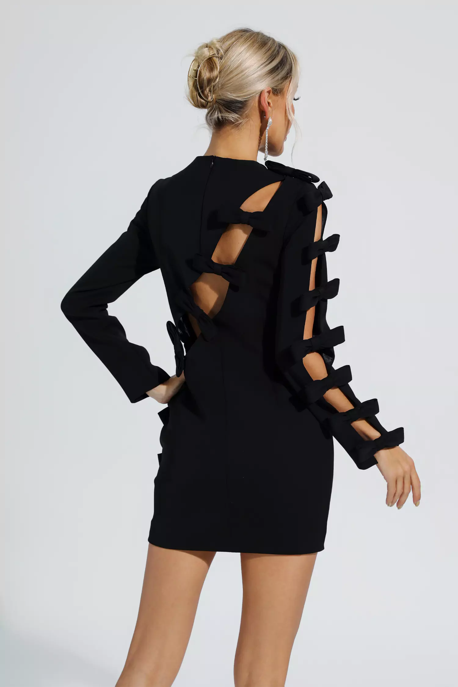 Briar Black Asymmetric Cutout Bow Mini Dress-CATCHALL