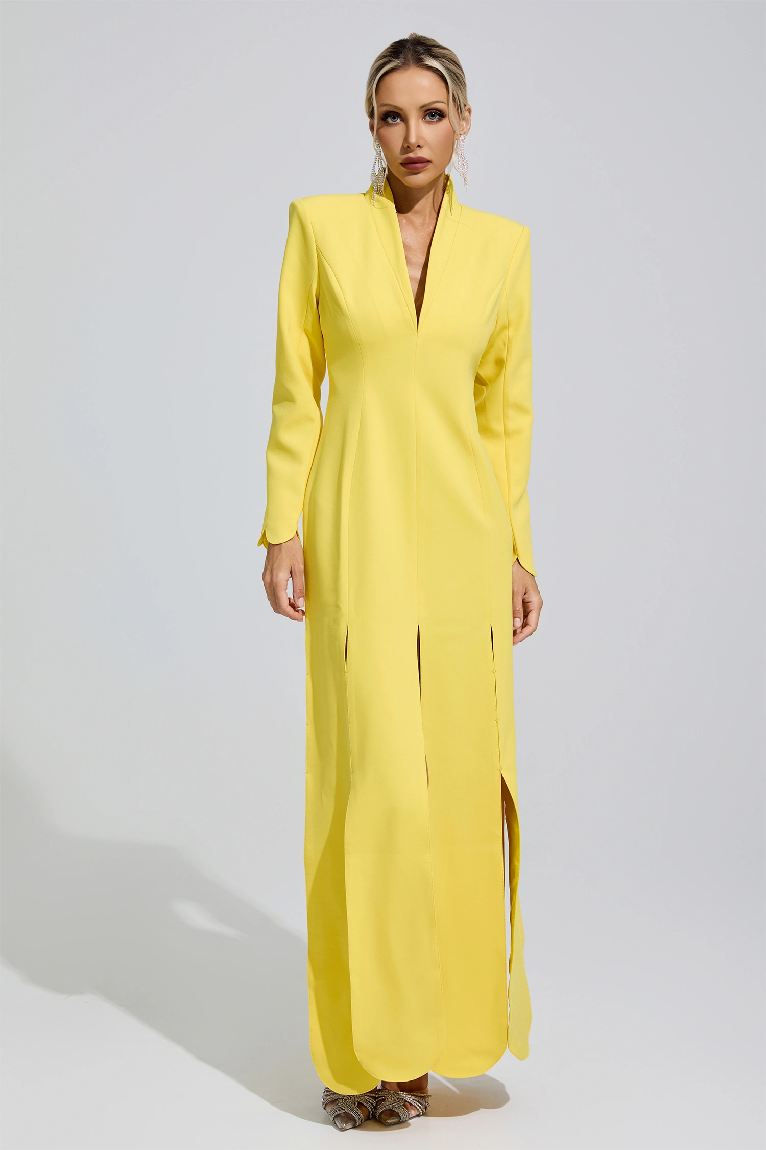 Brontë Yellow V-Neck High Slit Evening Dress