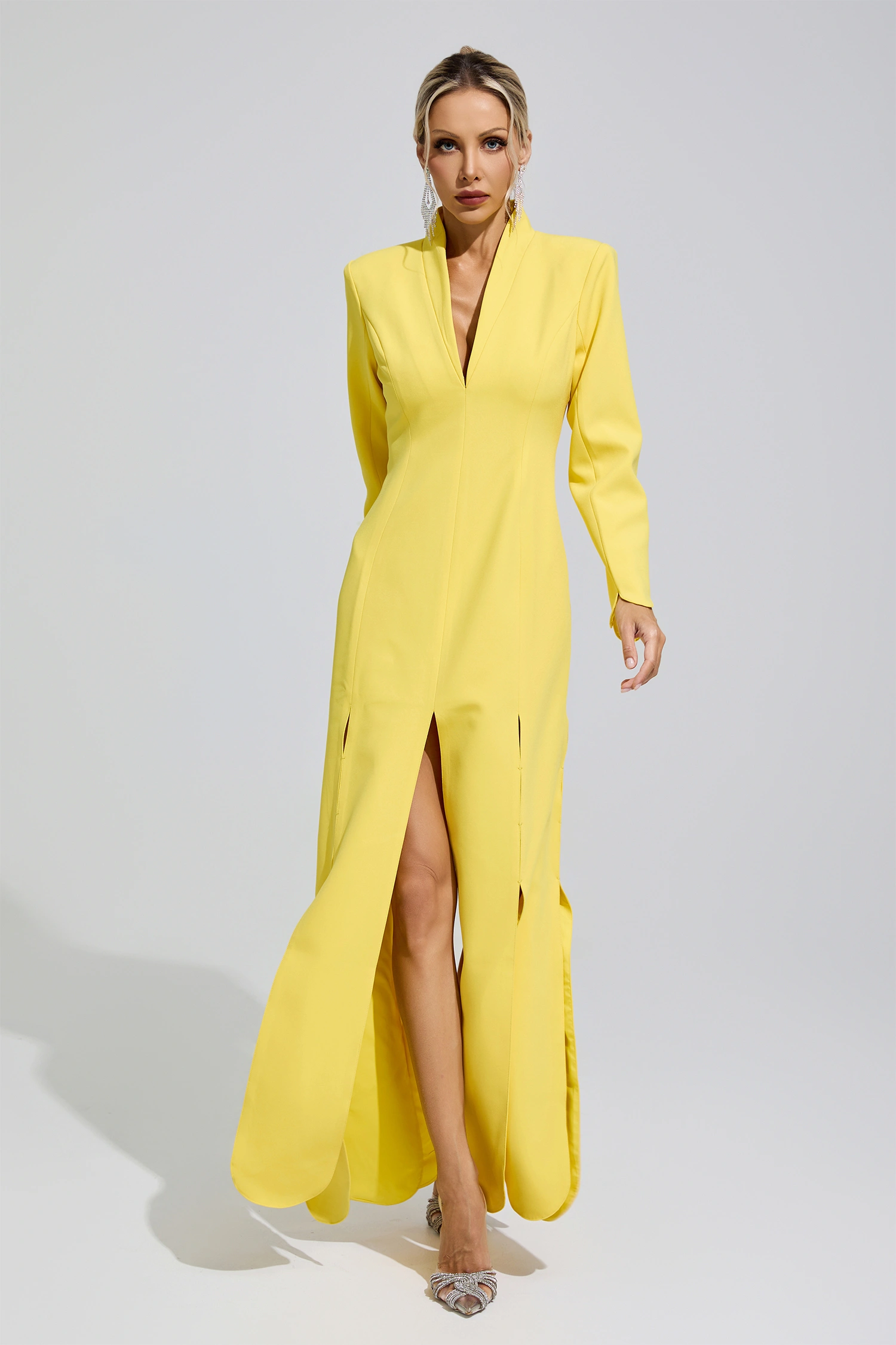 Brontë Yellow V-Neck High Slit Evening Dress
