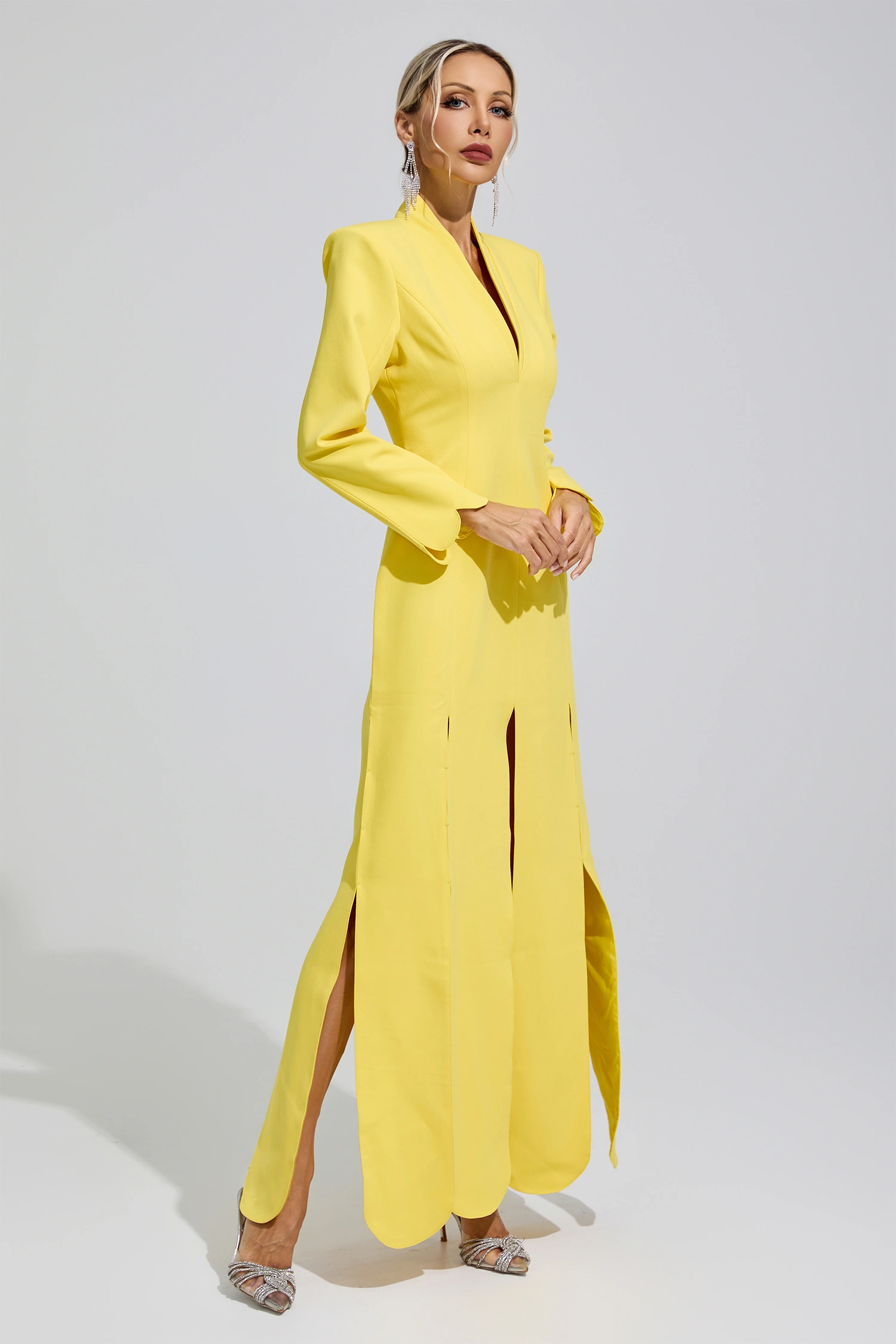 Brontë Yellow V-Neck High Slit Evening Dress