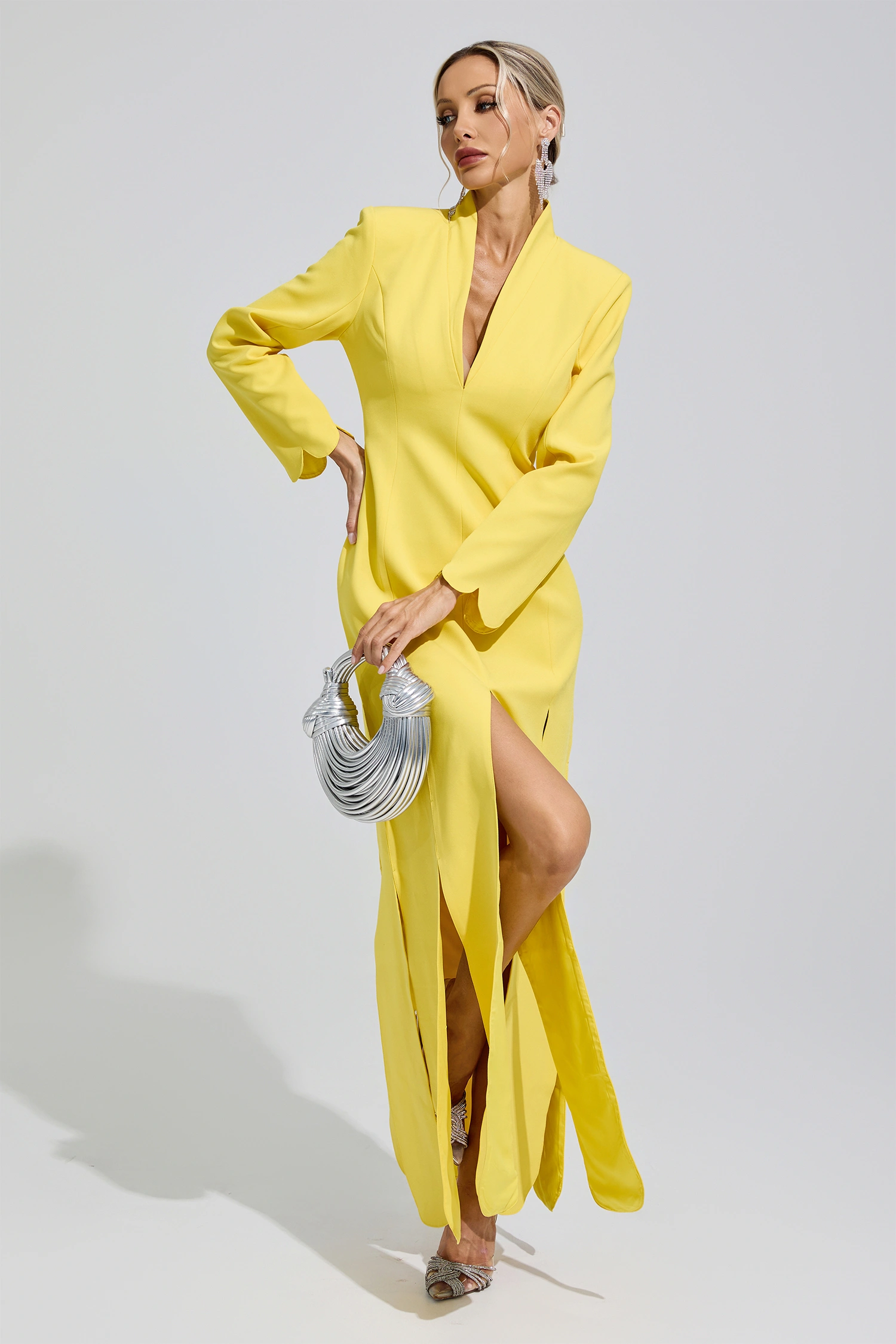 Brontë Yellow V-Neck High Slit Evening Dress