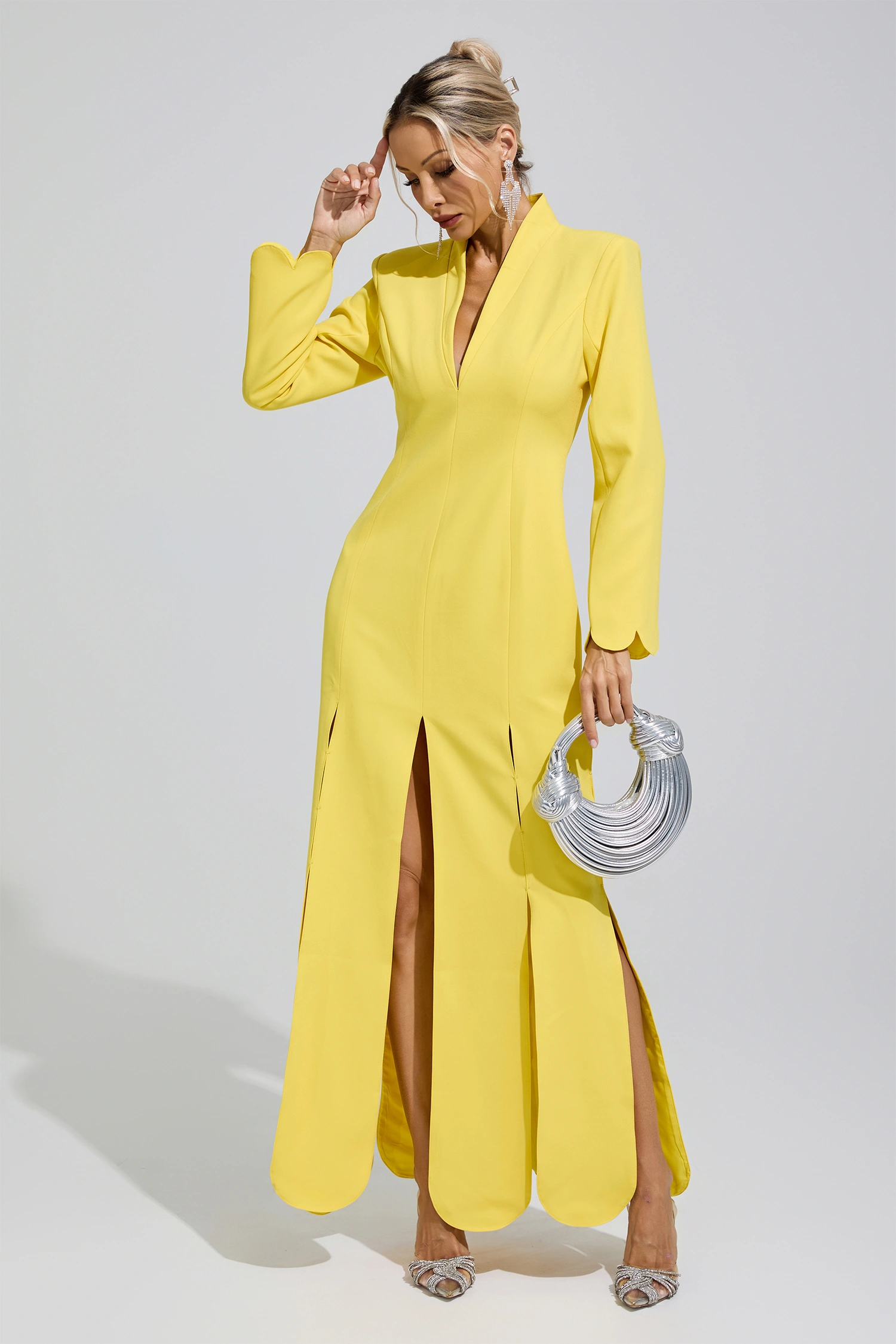 Brontë Yellow V-Neck High Slit Evening Dress