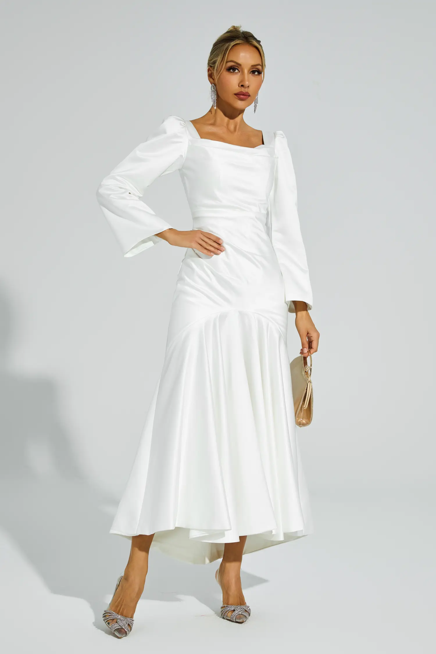 Bruno White Satin Evening Dress-CATCHALL
