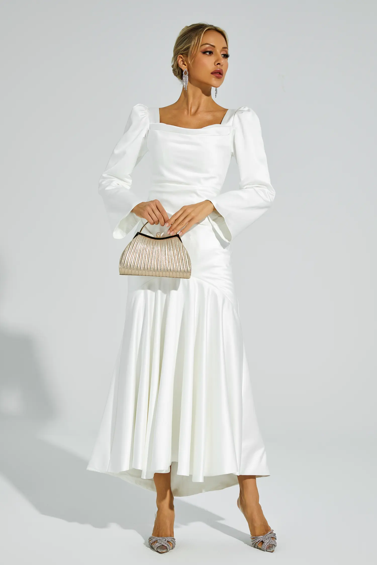 Bruno White Satin Evening Dress-CATCHALL